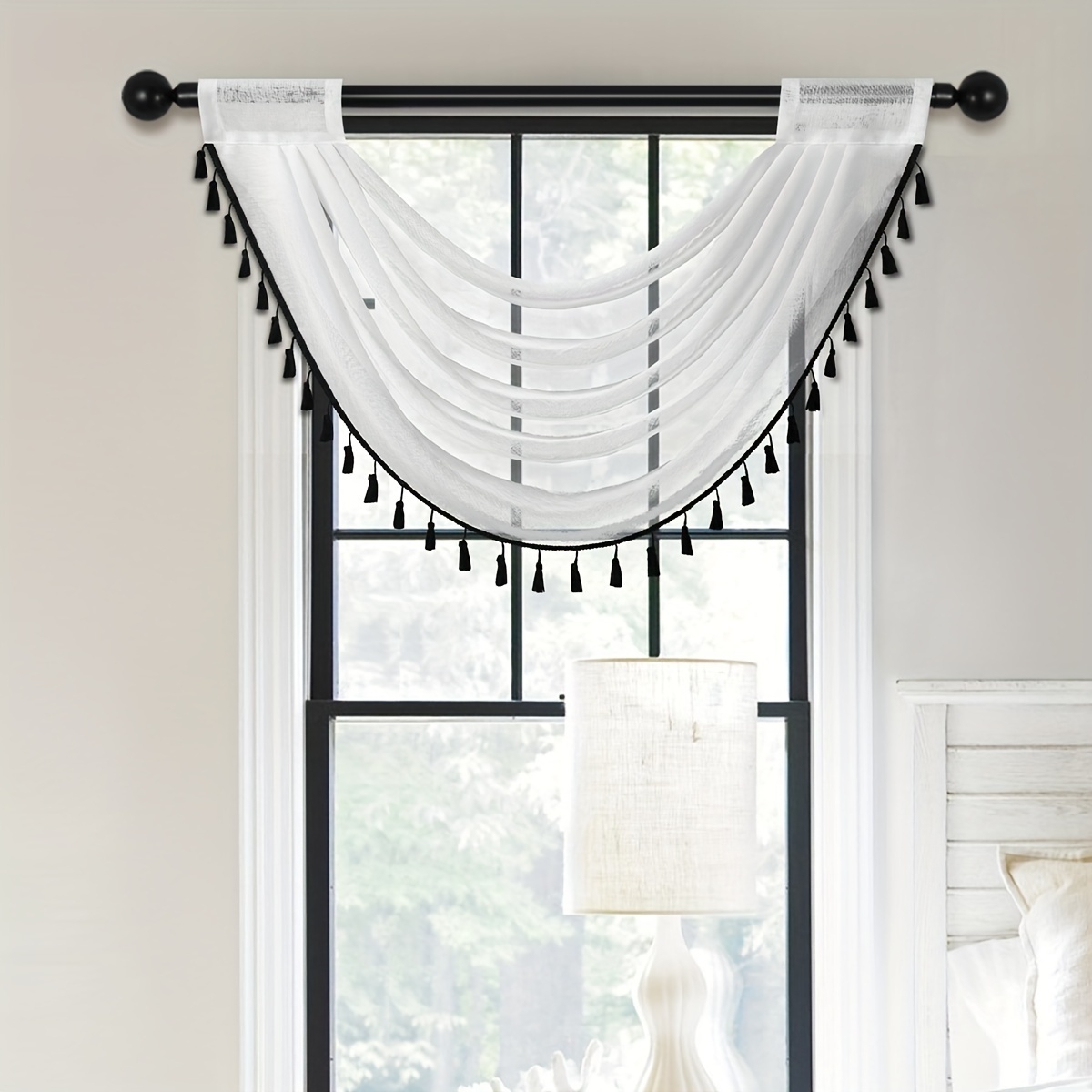 TEMU 1pc, Solid Color Tassel Trim Short Drape, Japanese Minimalist Style All- , Curtain , Suitable For Living Room Bedroom Window And Door Decoration