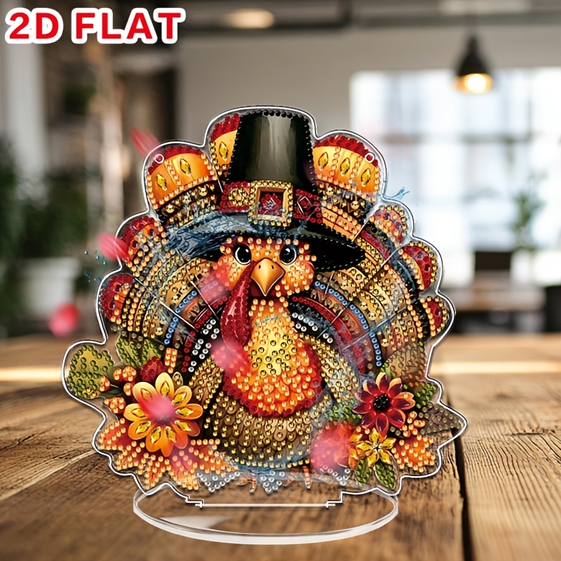 TEMU 2d Flat - Thanksgiving Turkey Pattern Acrylic Diamond Painting Desktop Ornament, 5d Diy Irregular Shape Acrylic Diamond Inlay Painting Ornament,