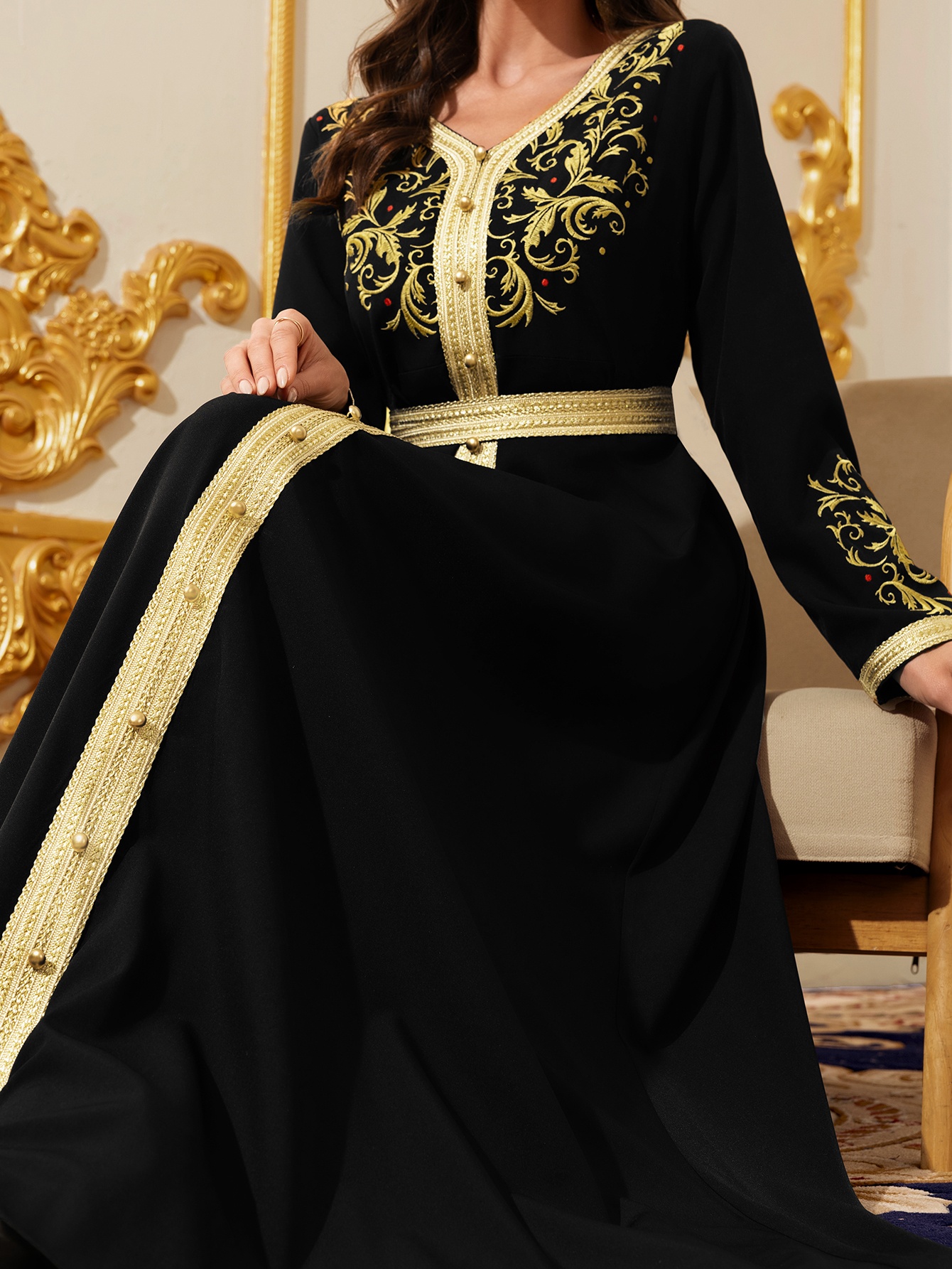 elegant ramadan black golden embroidered v neck waist tied - Temu Kuwait