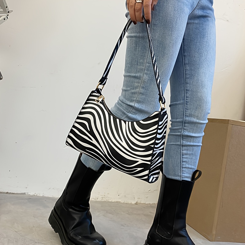 

Fashion Cow Print Women's Shoulder Bag, Black And White Stripe Print, Underarm Handbag