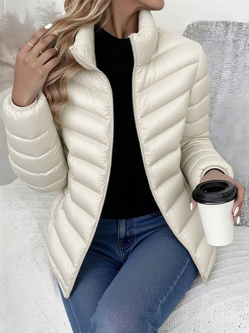 dames lichtgewicht jasje met opstaande kraag voor herfst & winter - kreukvrij, met rits, koreaanse , wit/beige werkjas, elegante dames winterjas, gladde stof werkjas voor dames, warm en koudebestendig voor