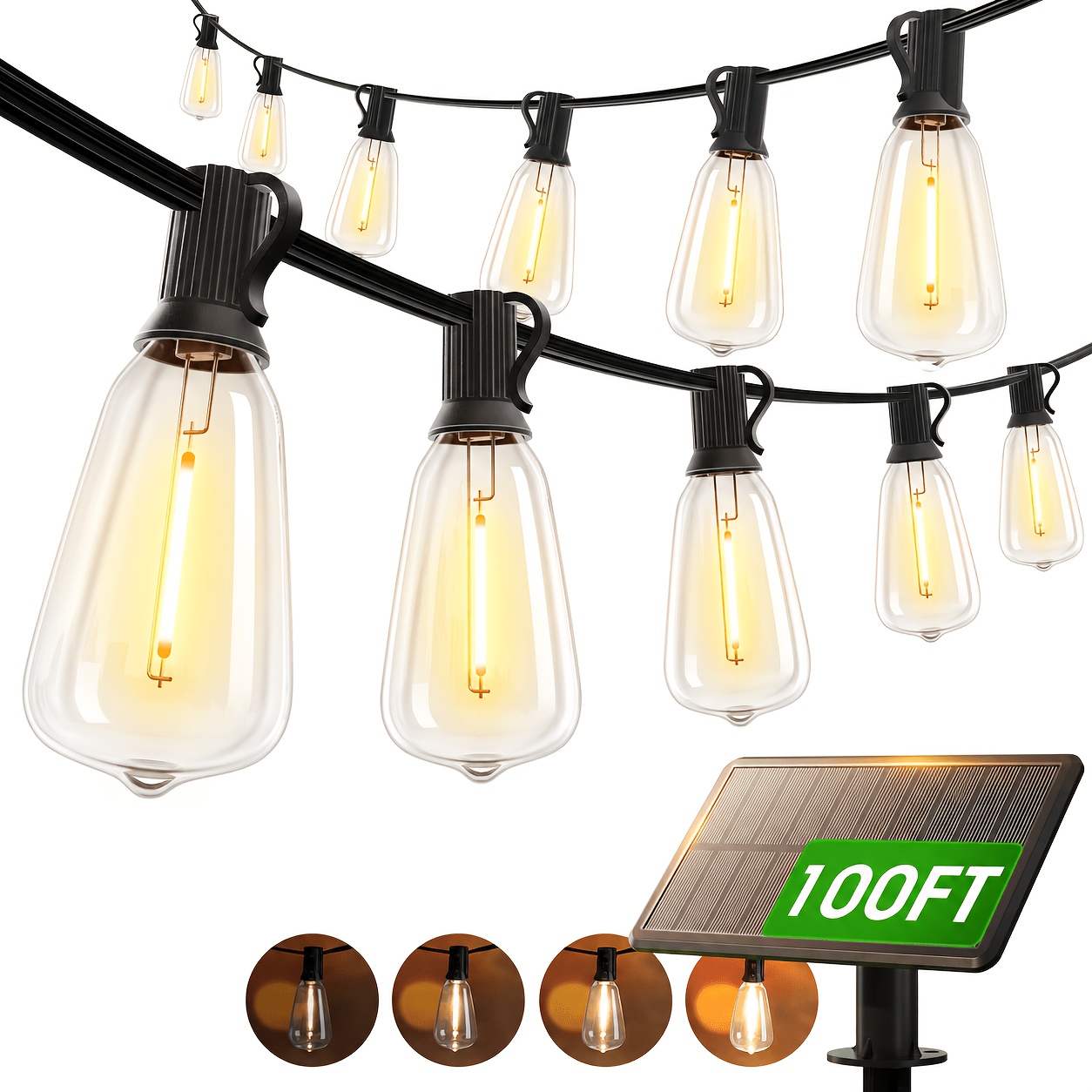 TEMU Solar Lights Outdoor Waterproof, 200ft/100ft/25ft Led String Lights With Shatterproof St38 Dimmable Bulb, Strong-weak-flash-breath 4 , Solar