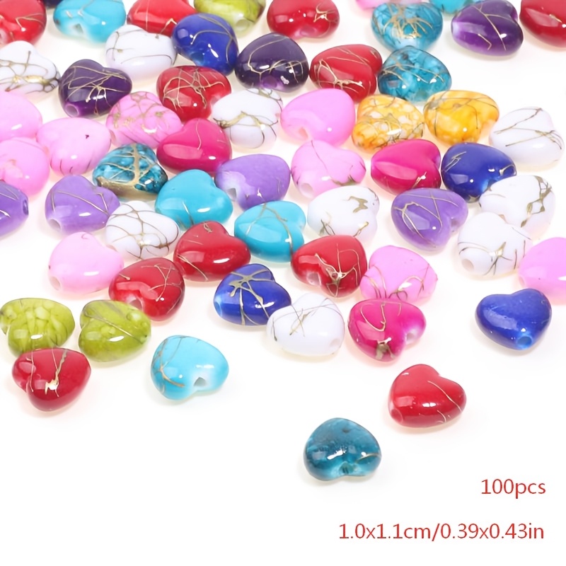 TEMU 100 Mischfarbige Crackle-Acryl-Herzperlen 10x11mm, geeignet für DIY-Schmuckherstellung, Armbänder, Halsketten, Schlüsselanhänger - Lose Perlen