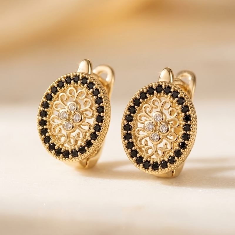 TEMU 1 Paire de Boucles d'Oreilles en Cuivre Rétro Acanthées avec Bord Noir, Exquises et Luxueuses, Incrustées de Zircons Synthétiques Étincelants,
