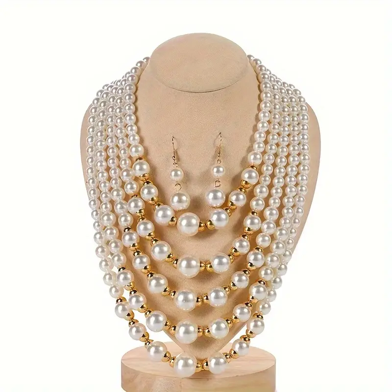 Luxurious Multi layered Faux Pearl Necklace Earrings Set - Temu