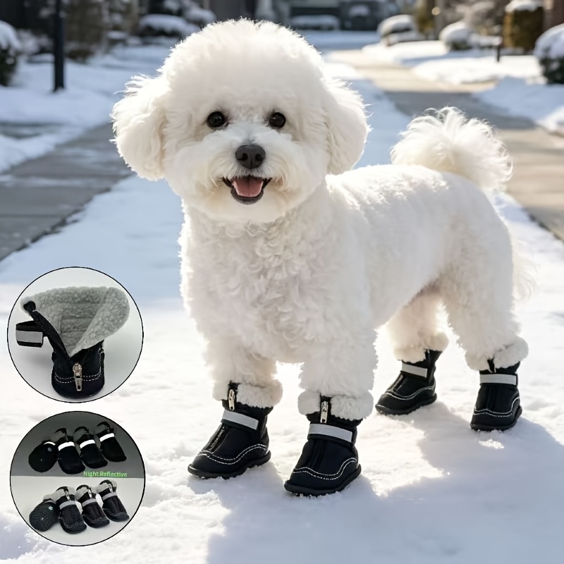 TEMU 4pcs Winter Fleece Pet Snow Boots, Night Reflective Strip Wear-resistant Warm Medium Small Dogs Outdoor Walking Shoes, Free Reflective Collar