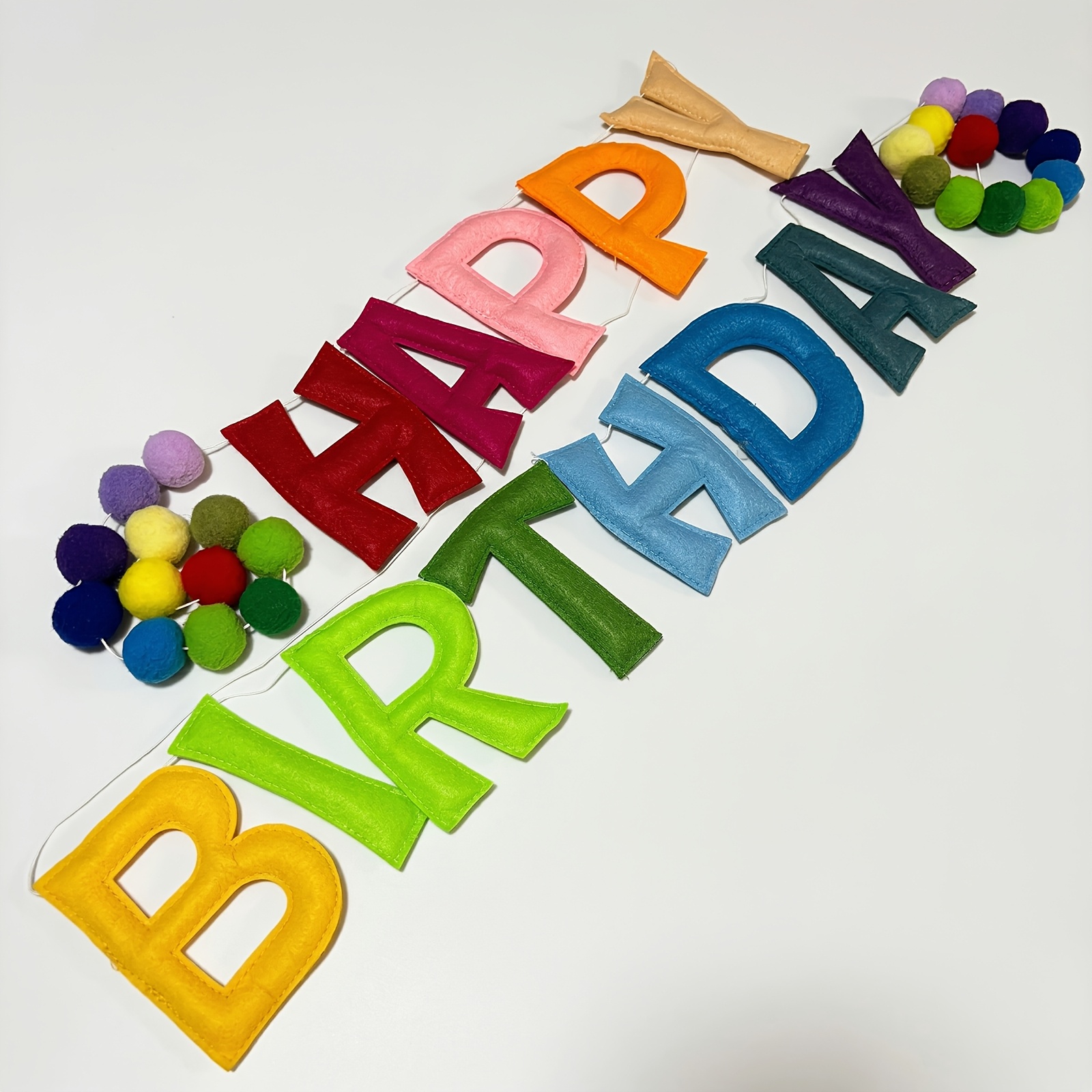 Image of 3d Pre- Happy Birthday Garland, Felt Ball Garland Happy Birthday Garland, Birthday Decor Party Favor, String Balls, Resuable Felt Banner, 13pcs Letter With 24pcs Pompom In 1set