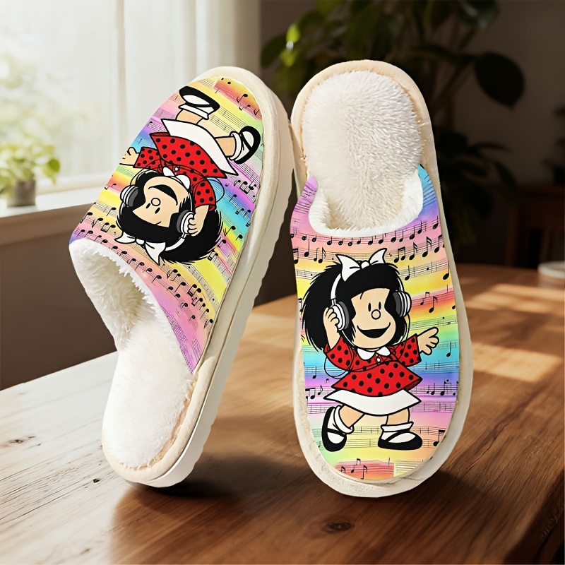 TEMU Pantuflas informales de otoño/invierno para el hogar, estilo unisex para , diseño con estampado de chica musical, suaves, agradables y cómodas,
