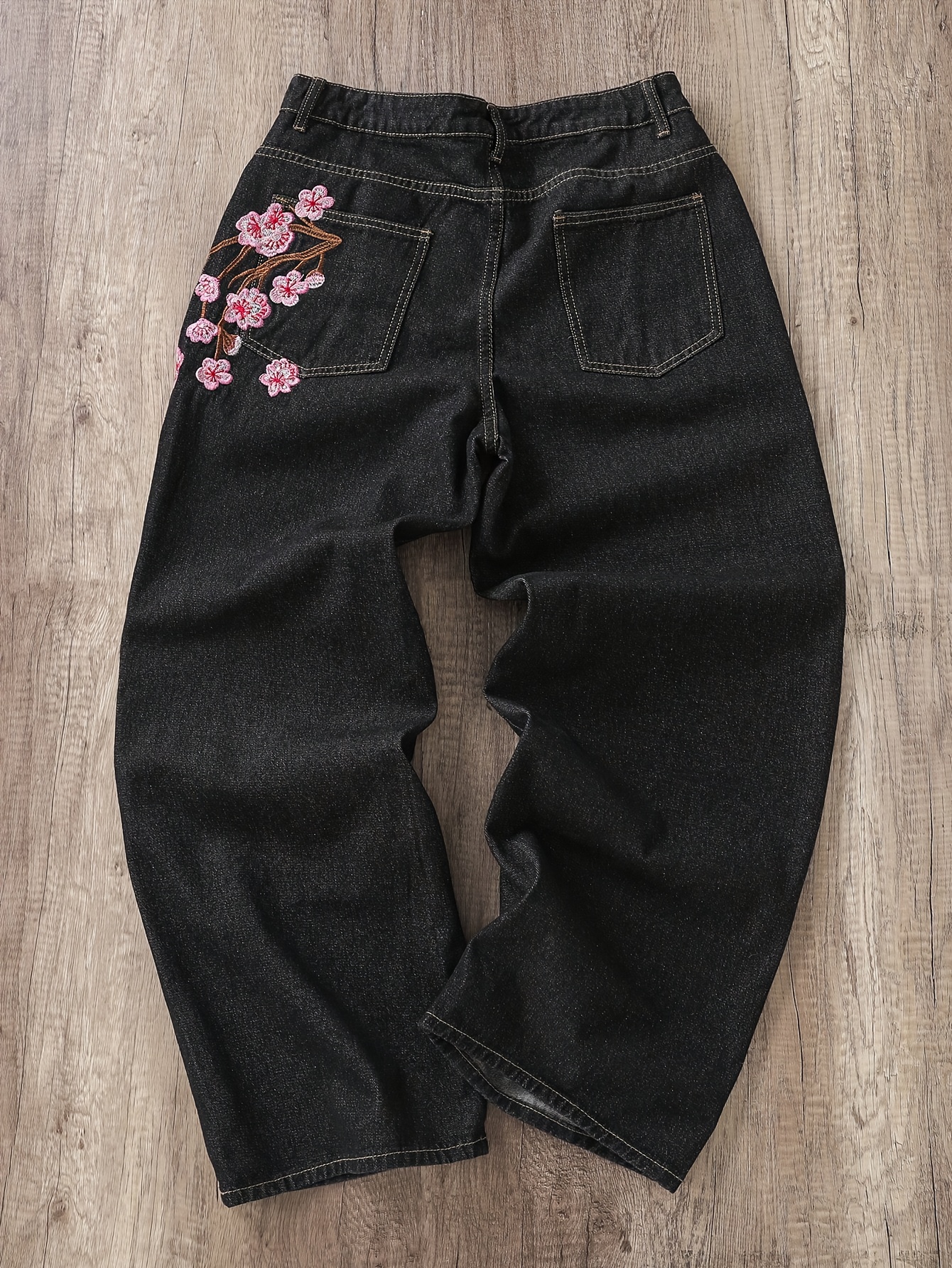 Men's Embroidered Black Jeans with Sakura Design