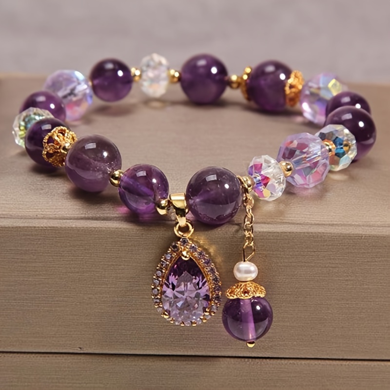 

Amethyst Crystal Beaded Bracelet With Zircon Heart Charm - Natural Crystal Gemstone Jewelry For Women