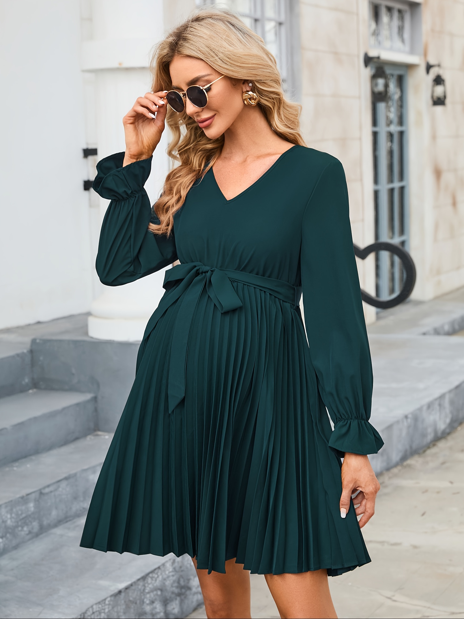 Manche Longue Robe Midi Manche Bouffante Robe Longue Plissée à