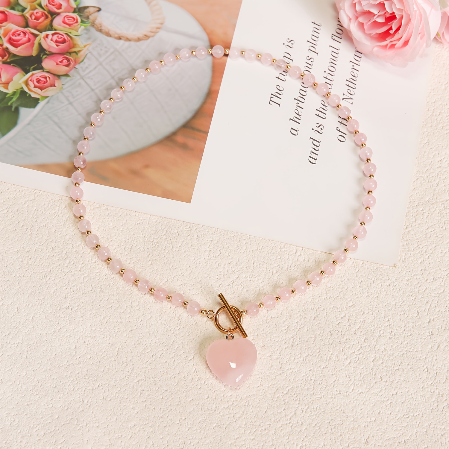 TEMU 1pc Collier avec Pendentif Cœur en Perles de Quartz Rose Naturel, Pièce de en Quartz, Collier Délicat avec Fermoir Doré OT pour Femmes, Bijou