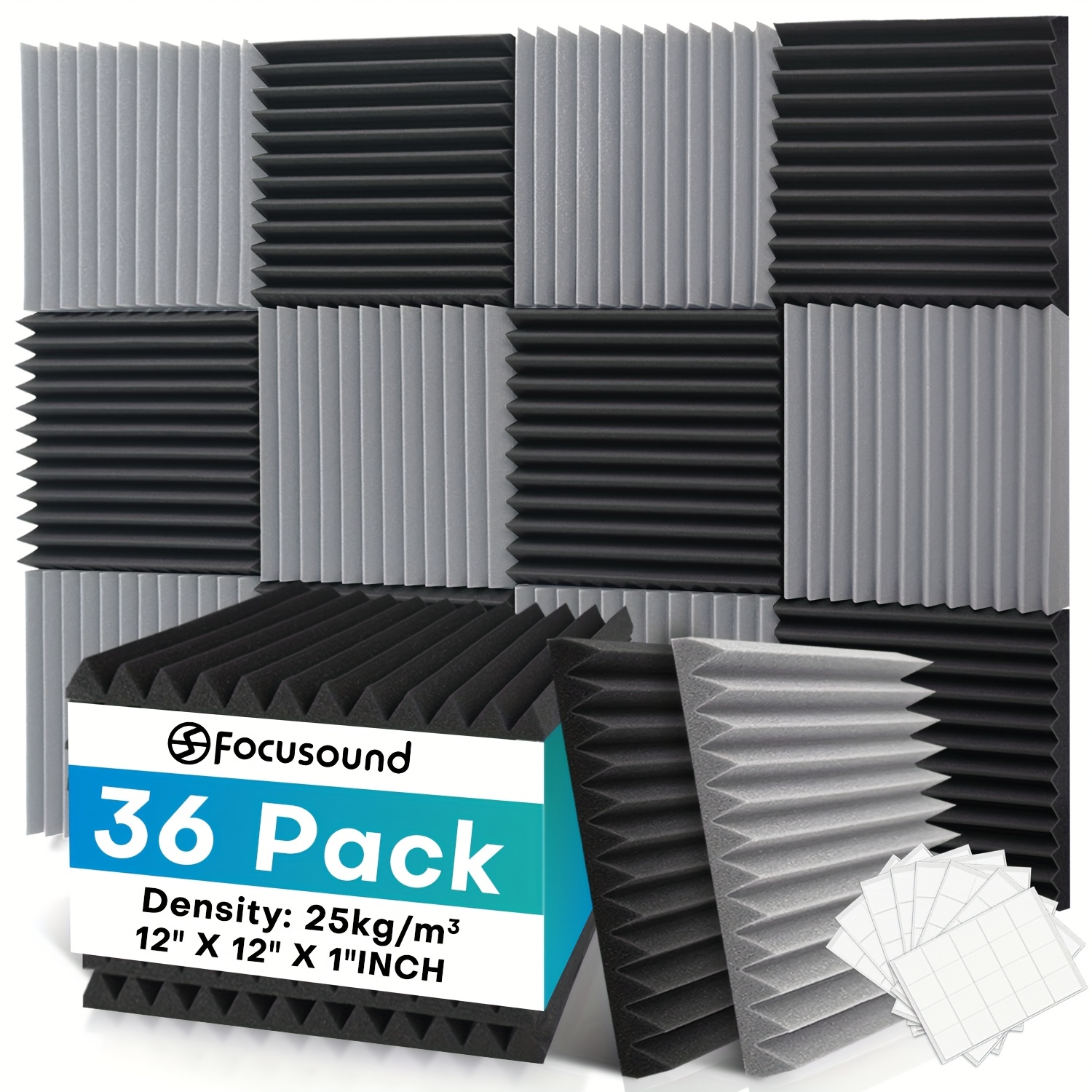 36pcs   high density acoustic wall panels with dual sided tape 12x12x1 inch flame retardant noise reduction panels for recording   theater office game room gray black   panels modern   durable soundproof material