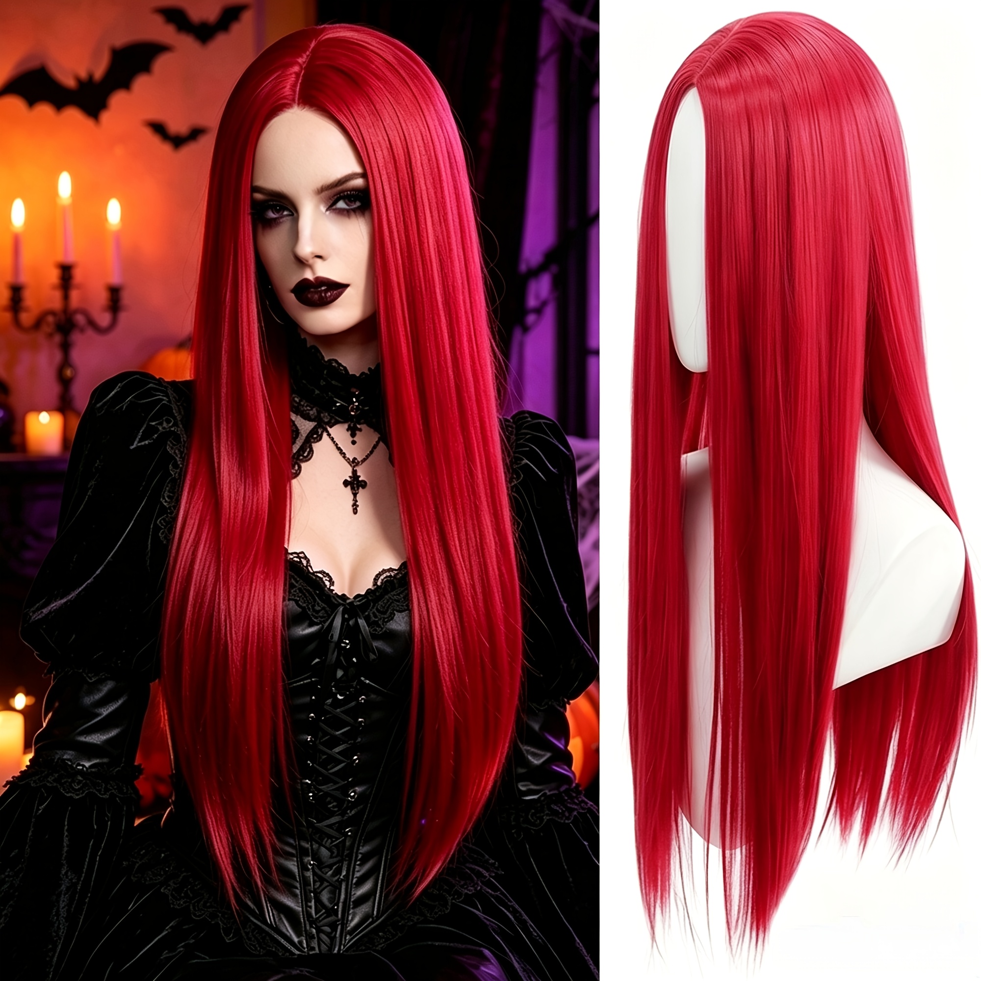 TEMU 30-Inch Zwart Medium Lengte Stijl Haar, Bourgondisch Rood Lang Haar, Mat, Niet Gemakkelijk Vetzakken, Heksenpruik, Vampier Kostuum Pruik, Gothic