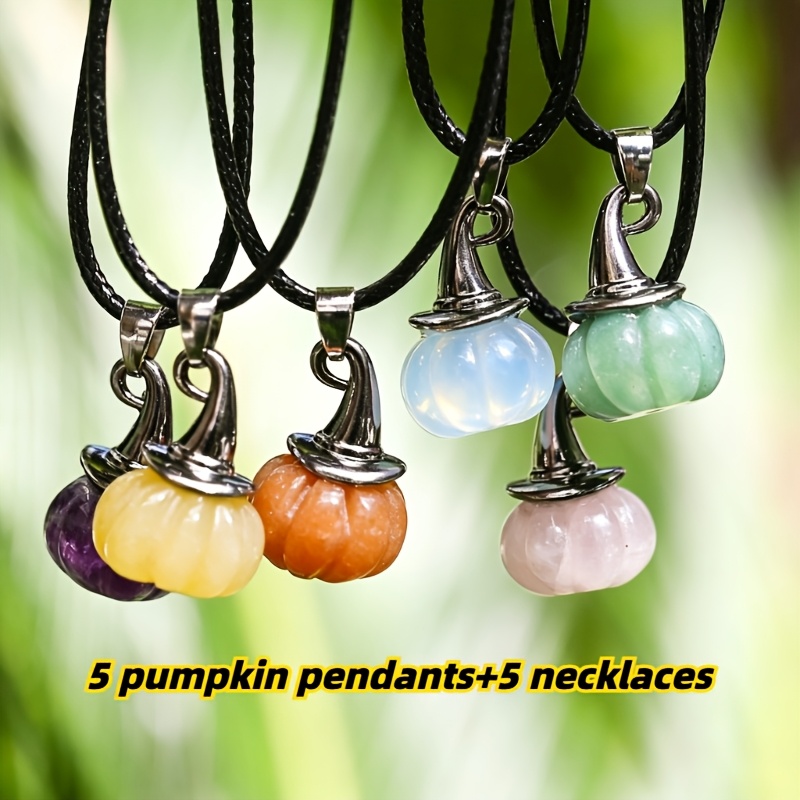 TEMU 10pcs Halloween Witch Hat Pumpkin Artificial Crystal Pendant Set -5pcs Pendants+5pcs Necklace, Party Accessory With Purple, Orange & Yellow