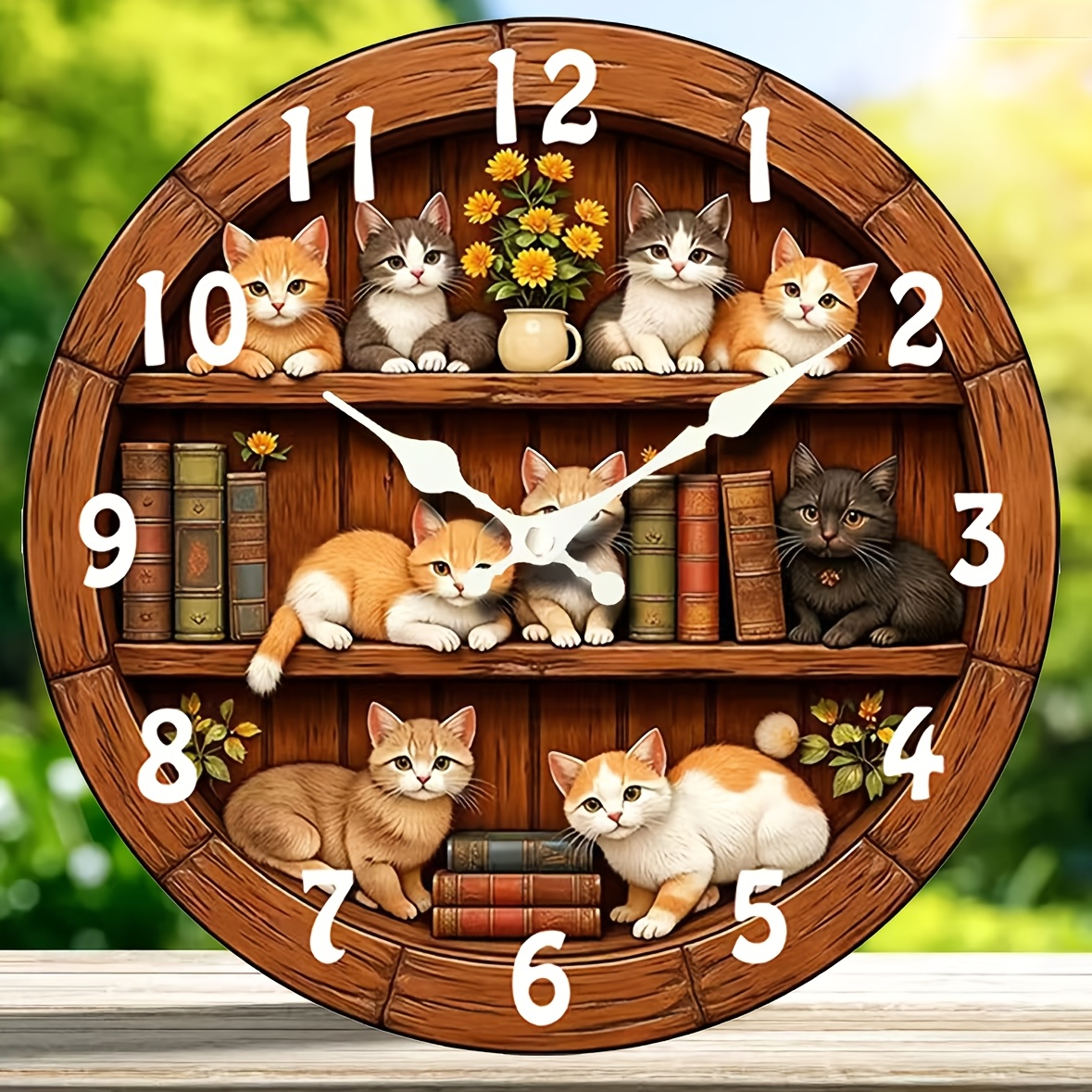 1 runde wanduhr, lustige katzen-bücherregal-uhr, wanduhr im minimalistischen stil, leise, nicht tickende holzuhr,   für schlafzimmer, wohnzimmer, büro, küche, badezimmer, batteriebetrieben (batterien nicht enthalten)