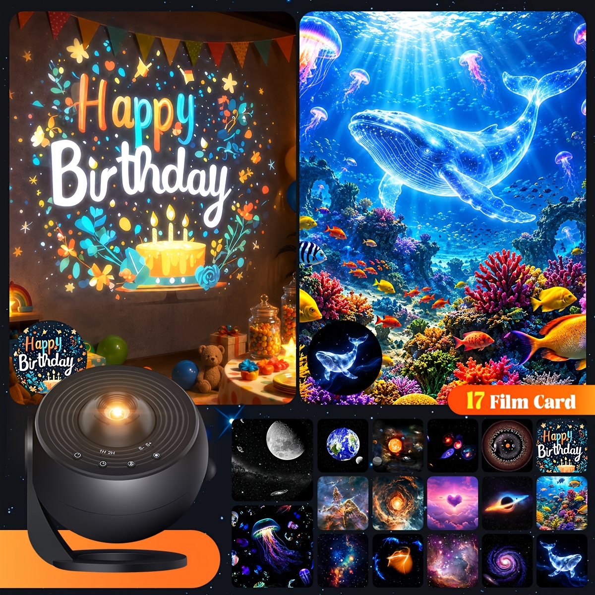TEMU Lampe de projecteur GlobeGalaxy pour cinéma, cinéma et extérieur, projecteur portable compatible avec 17 cartes de film, lampe de table