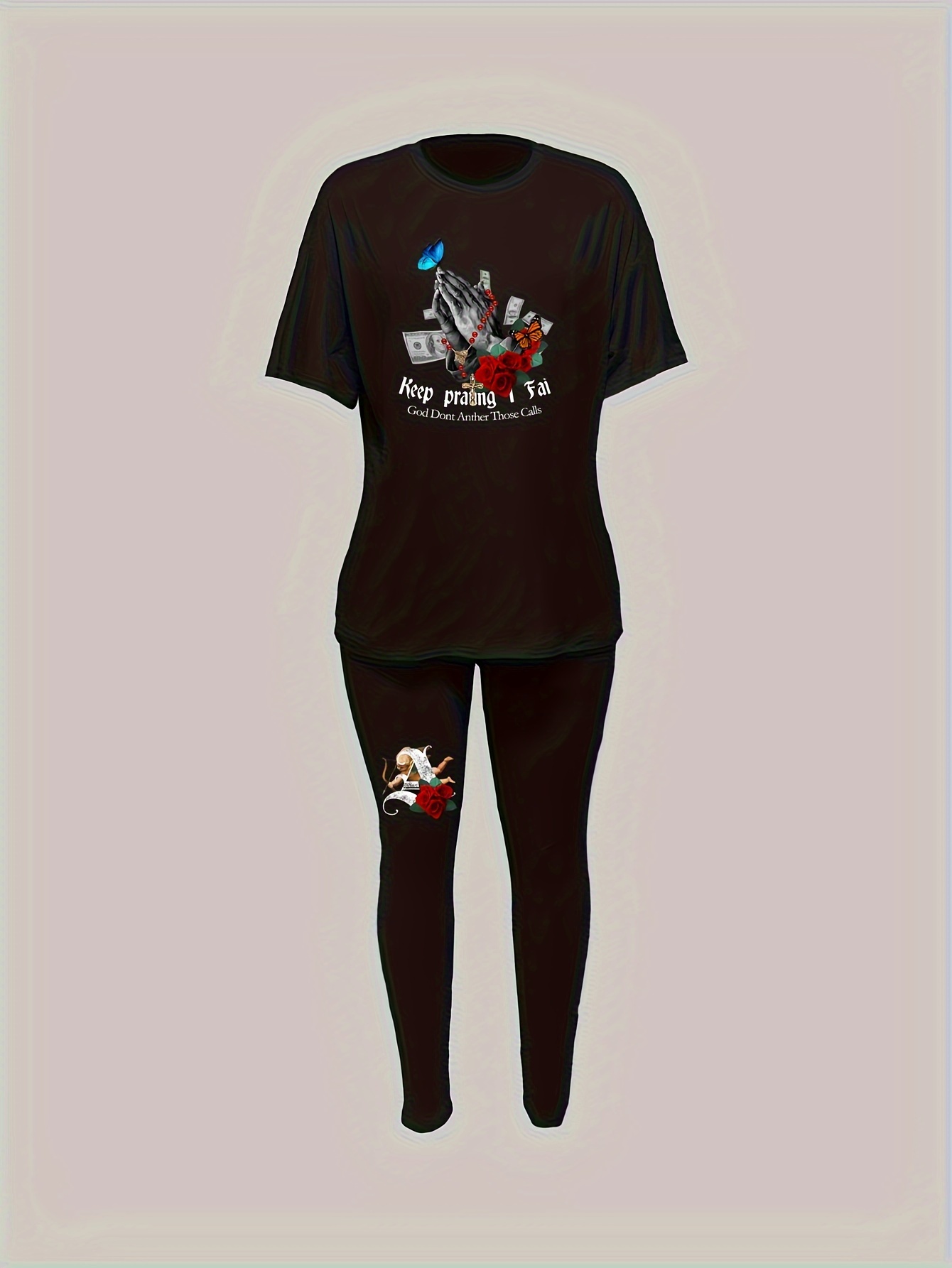 Graphic Print Two Piece Set Short Sleeves T Shirt Leggings Temu