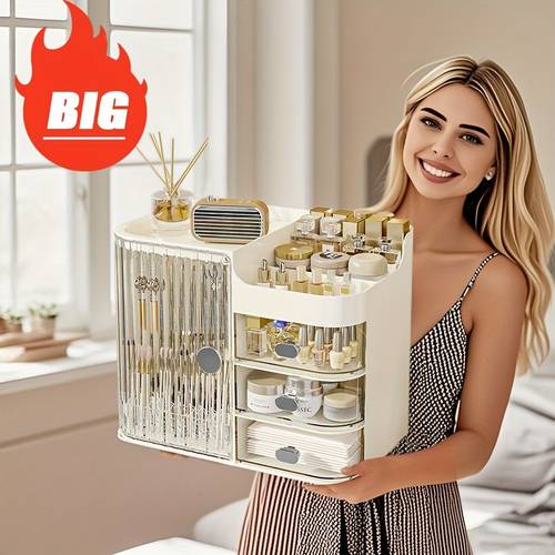 makeup storage box and beige storage box a high capacity cosmetic storage storage cabinet with 3 drawers and mirrors display case bathroom vanity organizer for home and bathroom storage