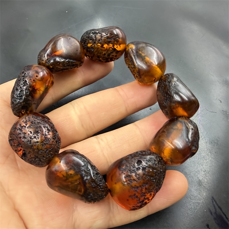 TEMU Amber Stone Bracelet, Preserving Texture, Diverse Shapes, Unique. Deep Brown Warm And Translucent, With A Sense Of Age. Wearing It Retro