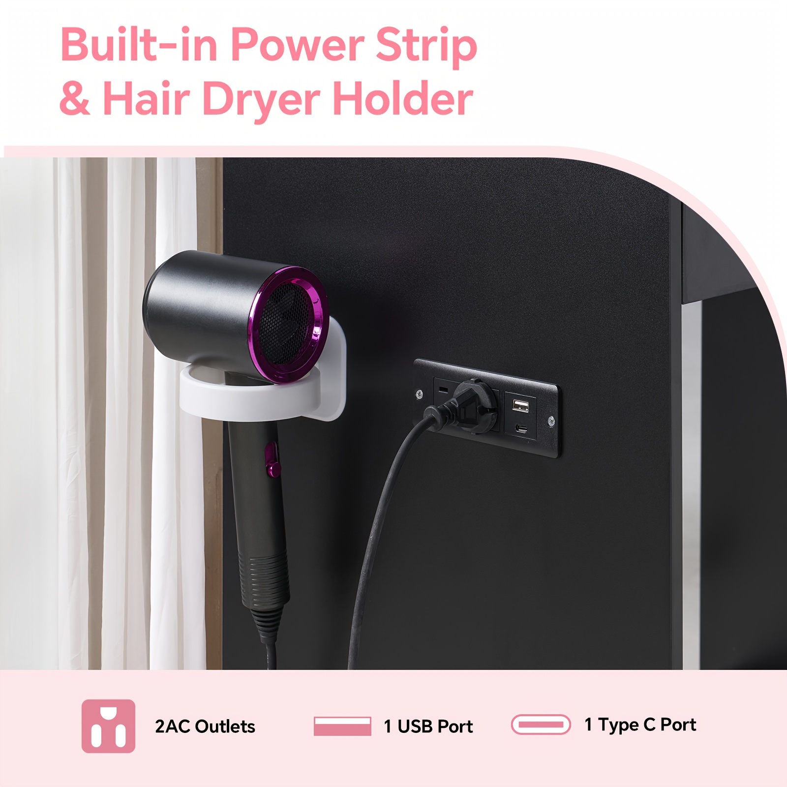 Vanity With And Lights, Makeup Desk With Charging Station, Drawers  Cabinet