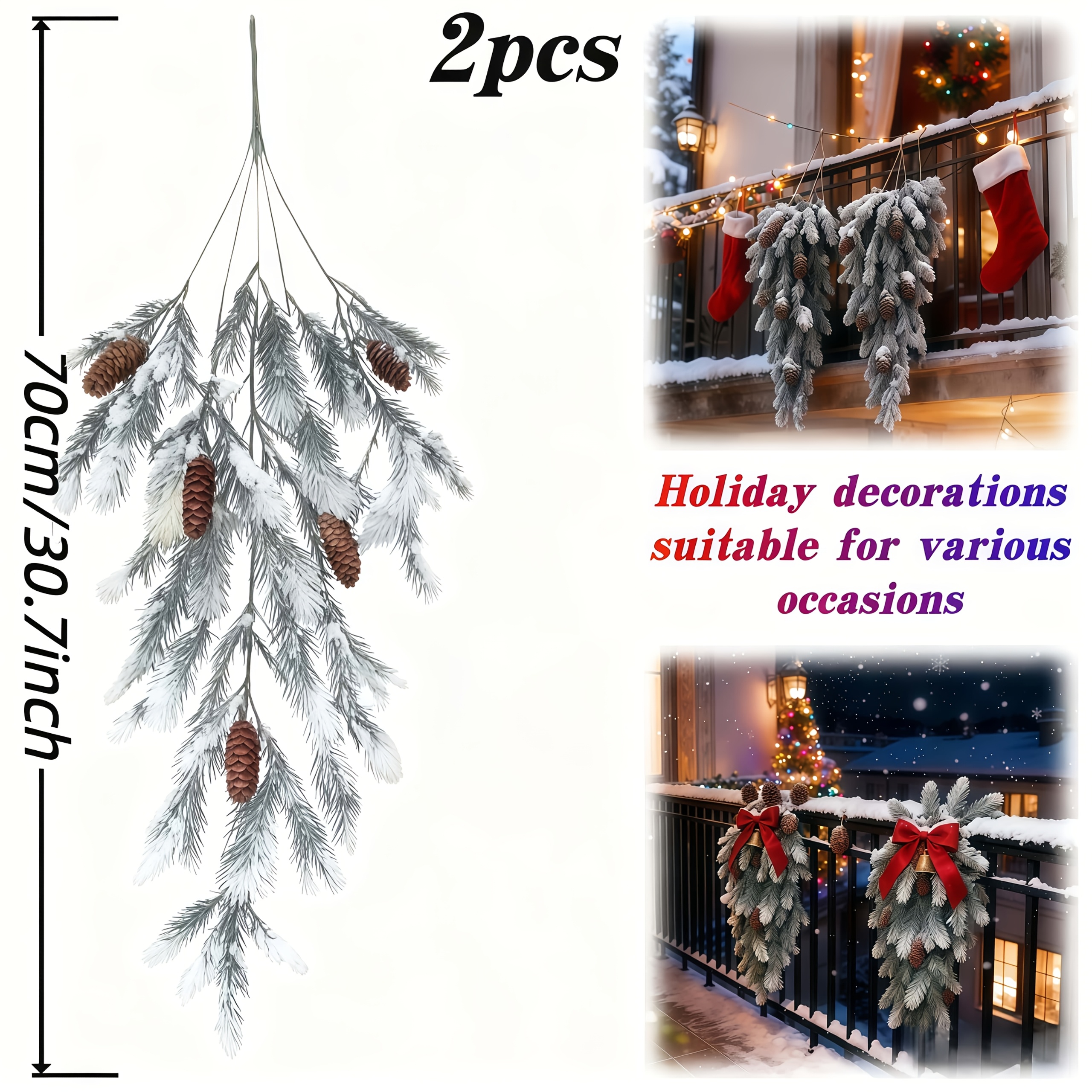 2pcs Large Outdoor Artificial Ivy Leaf Wall Hangings - Yew Branch Wreath Decor, Green Branches With Snowy Feel, Durable Plastic Material, Hanging Display Style, Suitable For Outdoor - Christmas Decor