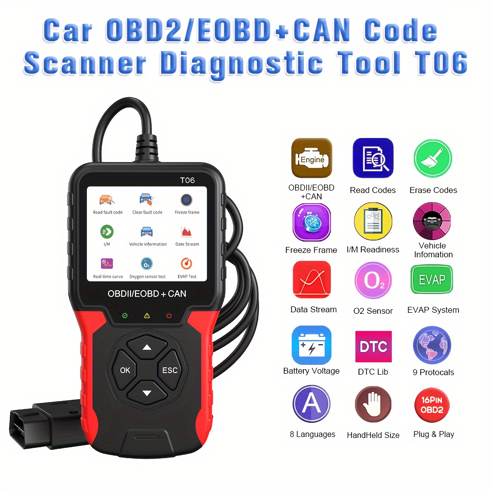 

Obd2/e0bd+can Reader Tool T06: 1996+ Vehicles, 8 Languages, Usb , 45mah Battery