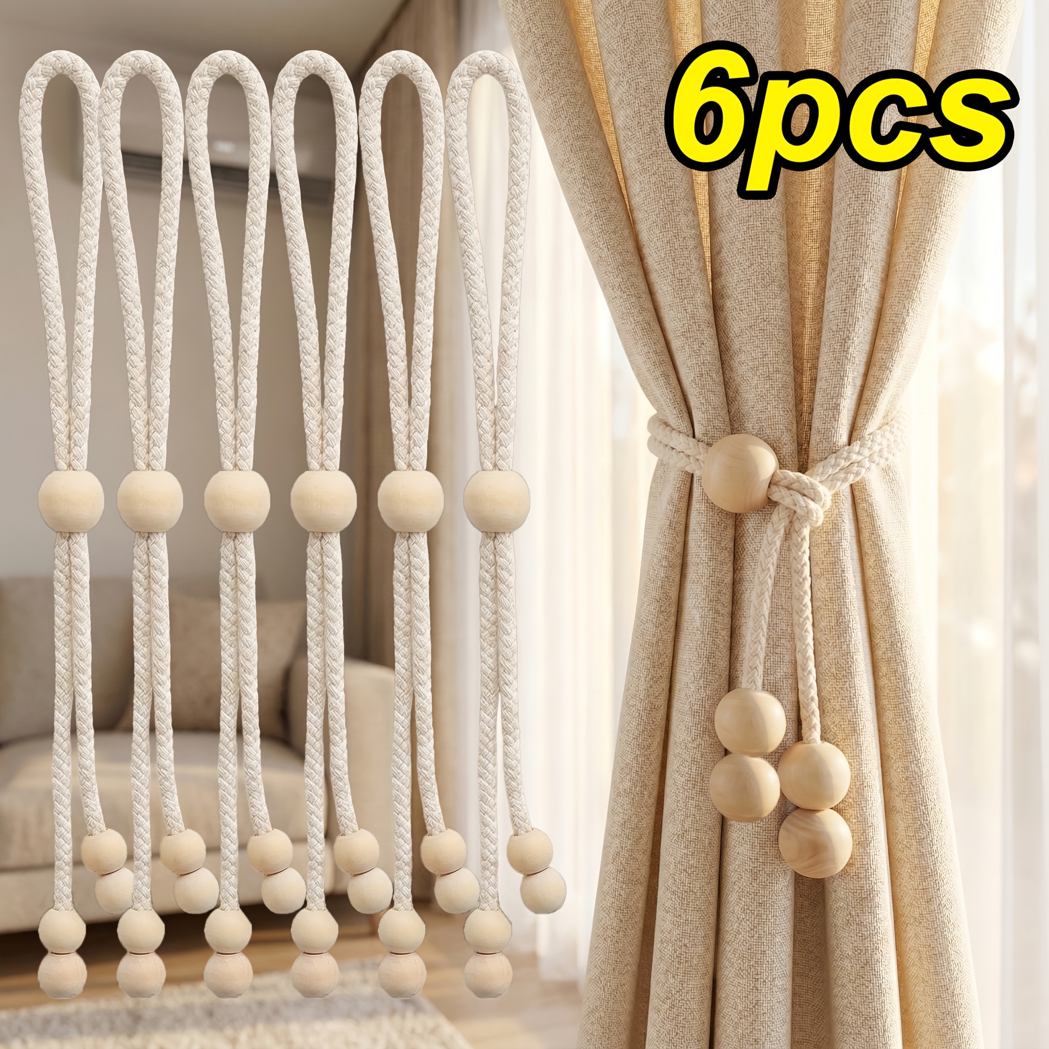 6pcs, Log Bead Curtain Straps, Adjustable Tightness, Suitable For Living Room, Bedroom, Office, Outdoor Curtain…: retailer-supplied image