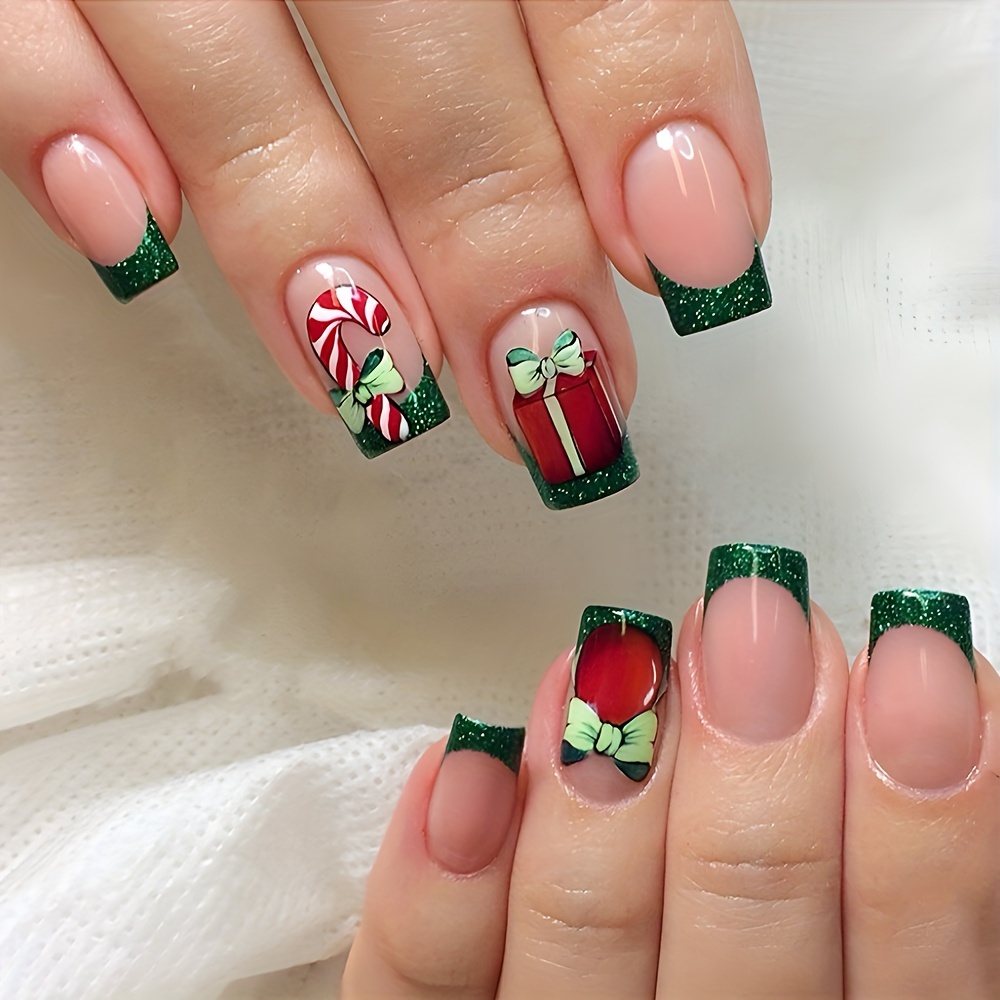 

Christmas Themed Press-on Nails - 24 Pcs, Medium Square, Glossy Finish With Green & Patterns, Reusable Artificial Fingernails For Women