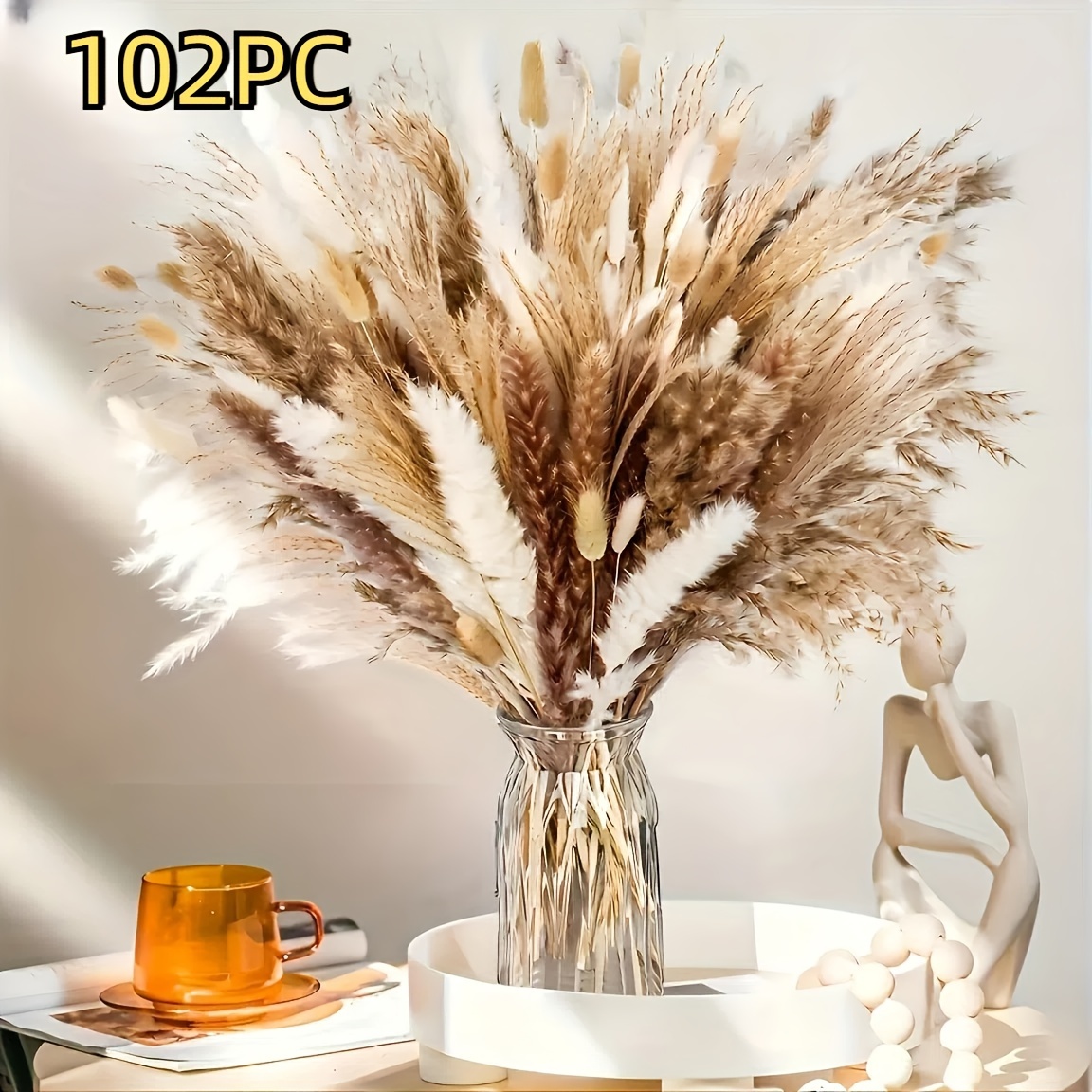 TEMU 102pcs Artificial Pampas Grass Bouquet With Fluffy Bunny Tails, White Reed For Wedding, Boho Home Decor, Outdoor Garden And Lawn Additions
