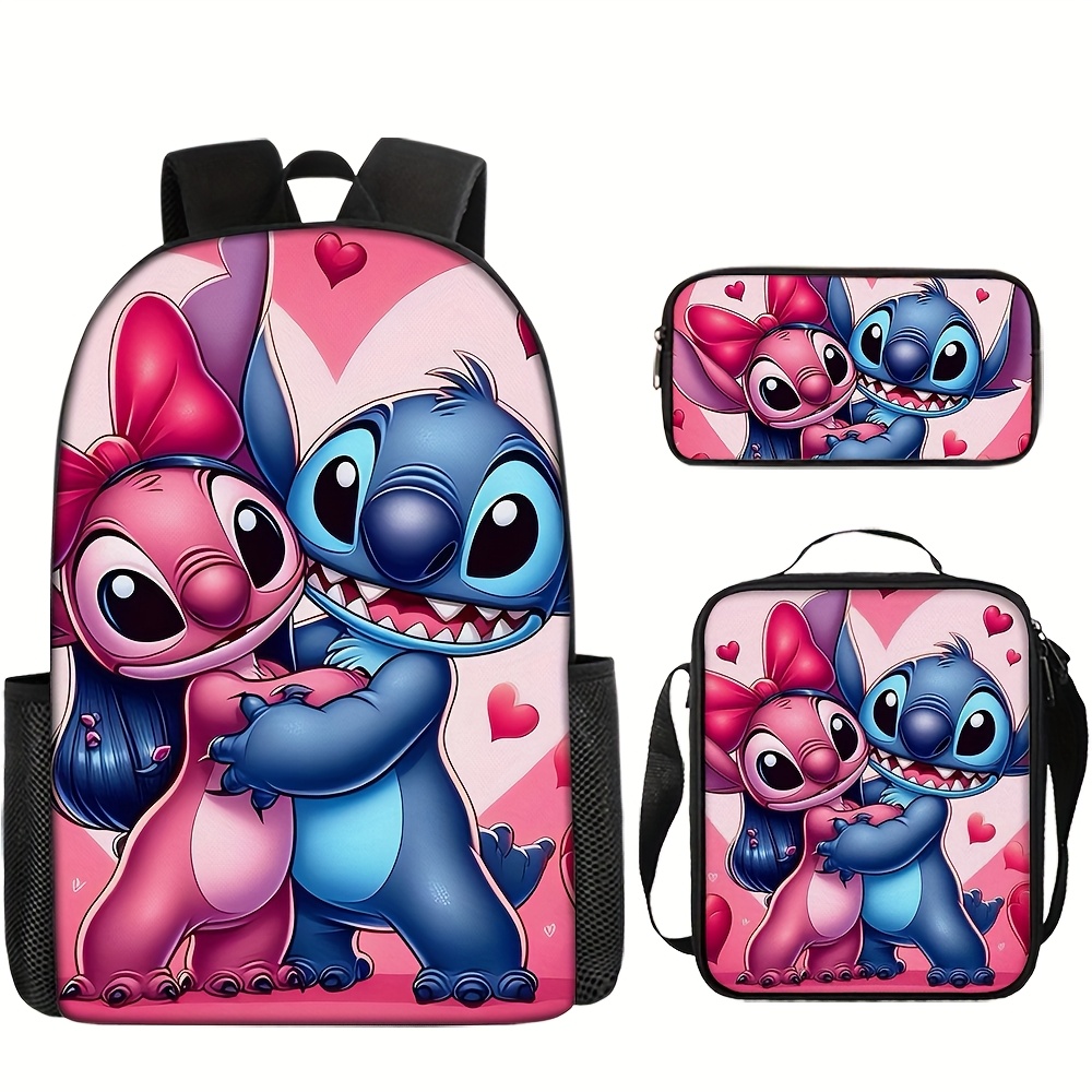 

Back To School - Disney Stitch 3pcs Backpack, Featuring Of Stitch And Embracing, Adjustable Casual Bag, Includes A Lunch Bag And Pencil Case, Lightweight And , Large Capacity, Suitable For Daily Use.