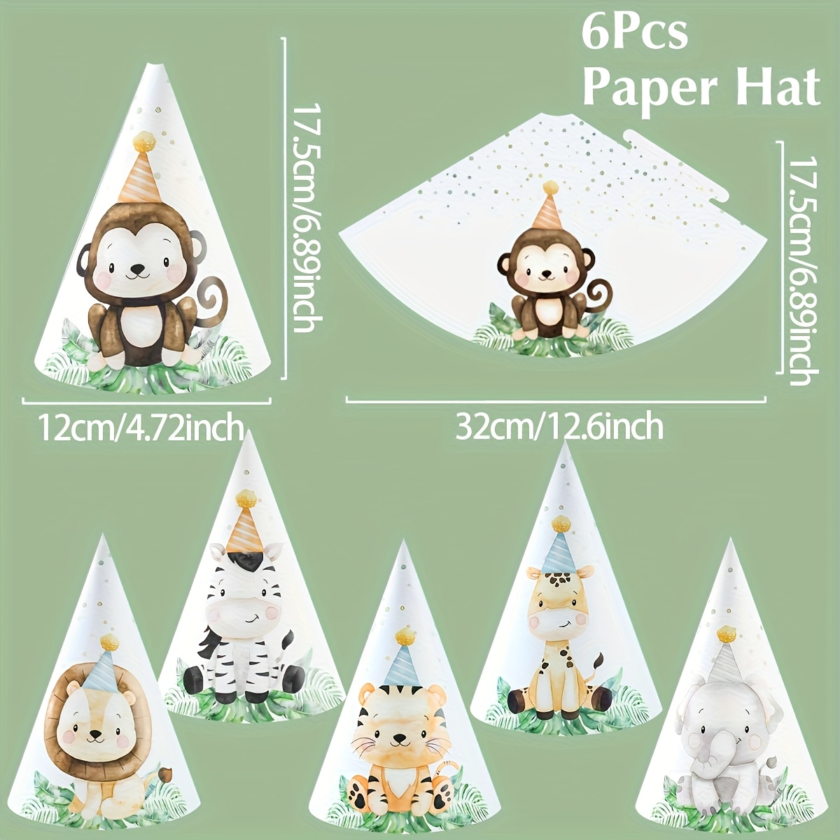TEMU Gift For Her/him 6pcs Jungle Animal Paper Hats Suitable For Wild 1 Party Supplies, Lion Elephant Tiger Hats For Baby Shower Favors, Birthday