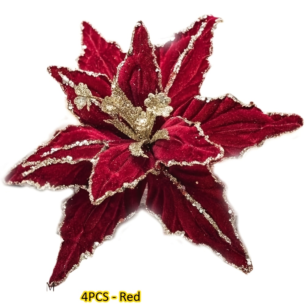 TEMU 4 piezas de flores decorativas navideñas artificiales de terciopelo de 9.45 pulgadas, adecuadas para decoración de árbol de Navidad y decoración