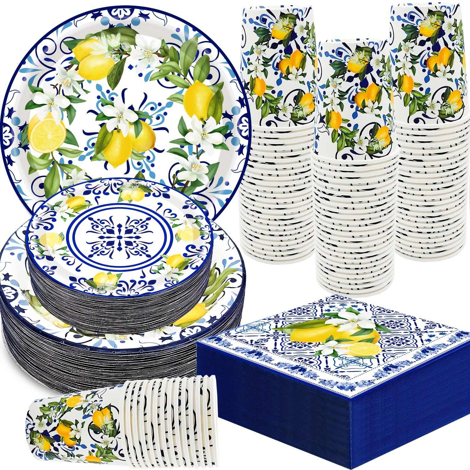 100pcs capri lemon party supplies blue tiles   party set 9 and 7 capri lemon party plates lemon napkins capri lemon cups for   lemon birthday party decor serve25