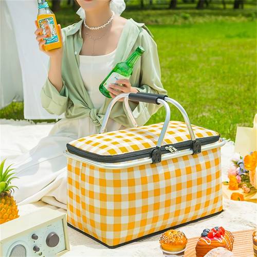 large capacity double layer aluminum foil insulated freshness locking picnic basket frame style foldable outdoor camping picnic bag large sized insulated lunch box tote bag non food direct contact