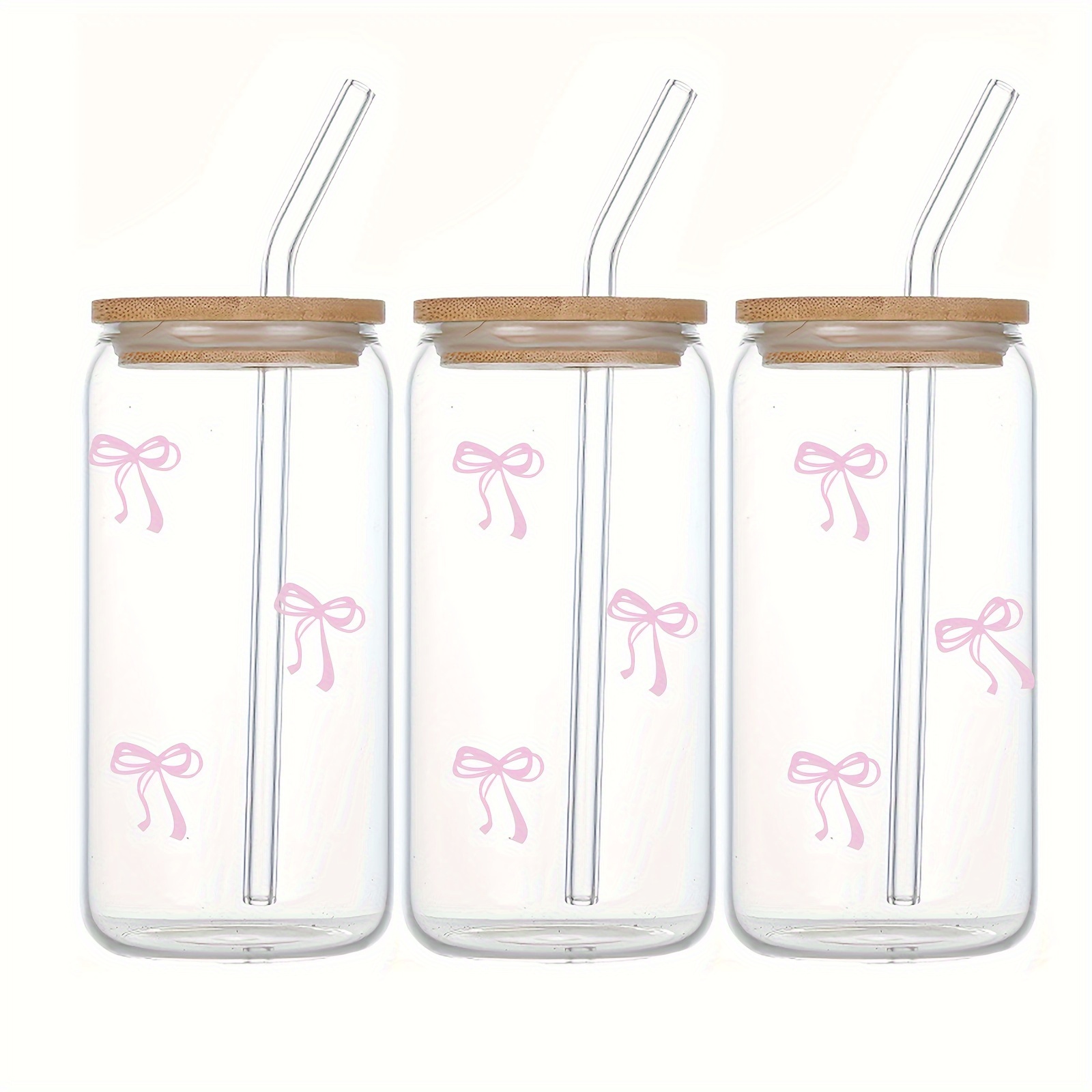 

16oz Pink Bow Glass Tumbler With Bamboo Lid & Straw - Reusable, Hand Wash Only, Iced Coffee, Juice, Milk & Cold Drinks - Ideal Gift For Birthdays, Halloween, Christmas & Thanksgiving