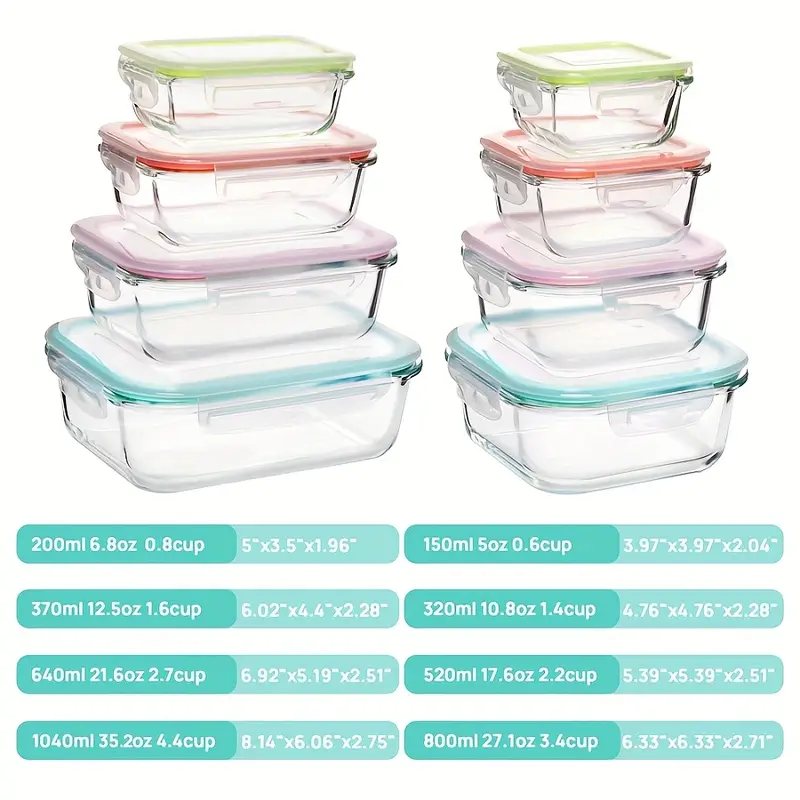 8pcs set of glass fresh keeping box food storage container leak proof sealed lid lunch box suitable for microwave ovens ovens refrigerators and dishwashers Product details 0