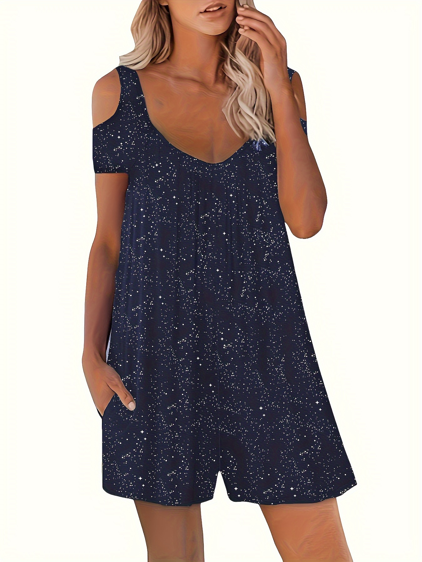 Plus Size Contrast Sequin V Neck Romper Jumpsuit, Casual Cold Shoulder  Short Sleeve Backless Romper Jumpsuit, Women's Plus Size Clothing
