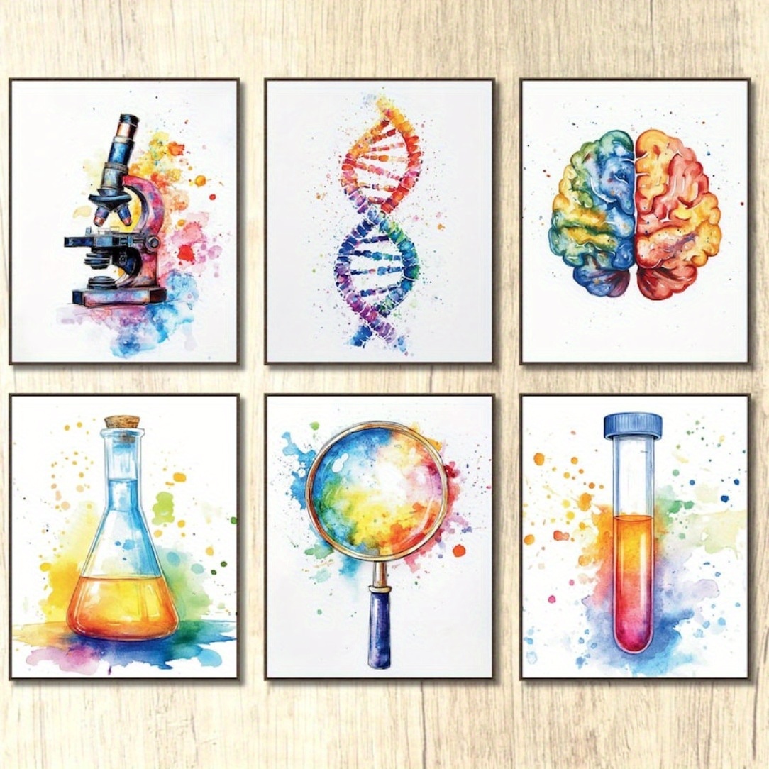 TEMU 6 affiches cadre - d'art en aquarelle de biologie et chimie avec microscope, ADN, & équipements de - Décor 8x10 pouces pour salle de classe,