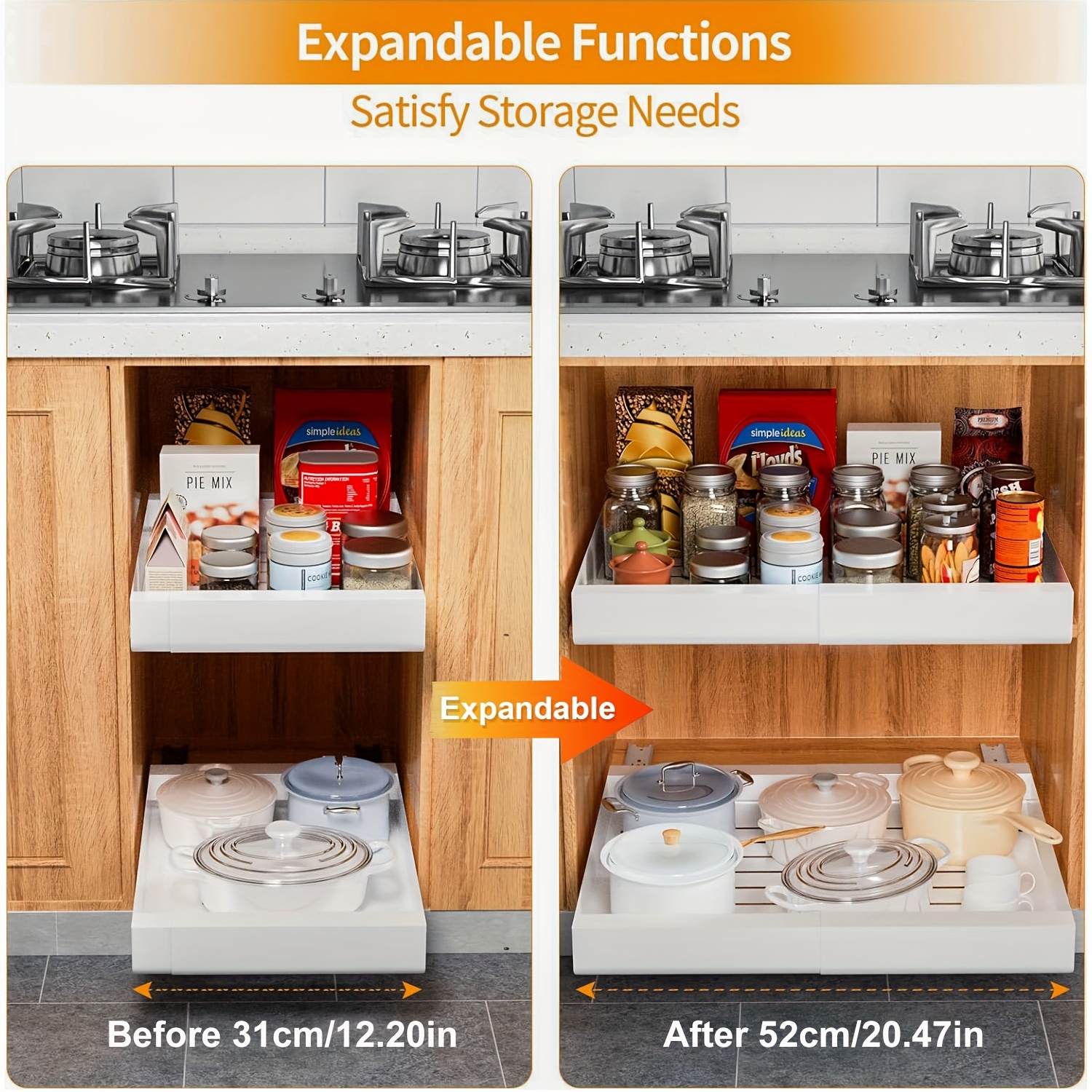 E-shop Erweiterbarer Schubladen-Organizer mit Klebefolie, verstellbare Breite 31cm bis 52cm, langlebige Metall-Küchenschublade für Unterschränke,
