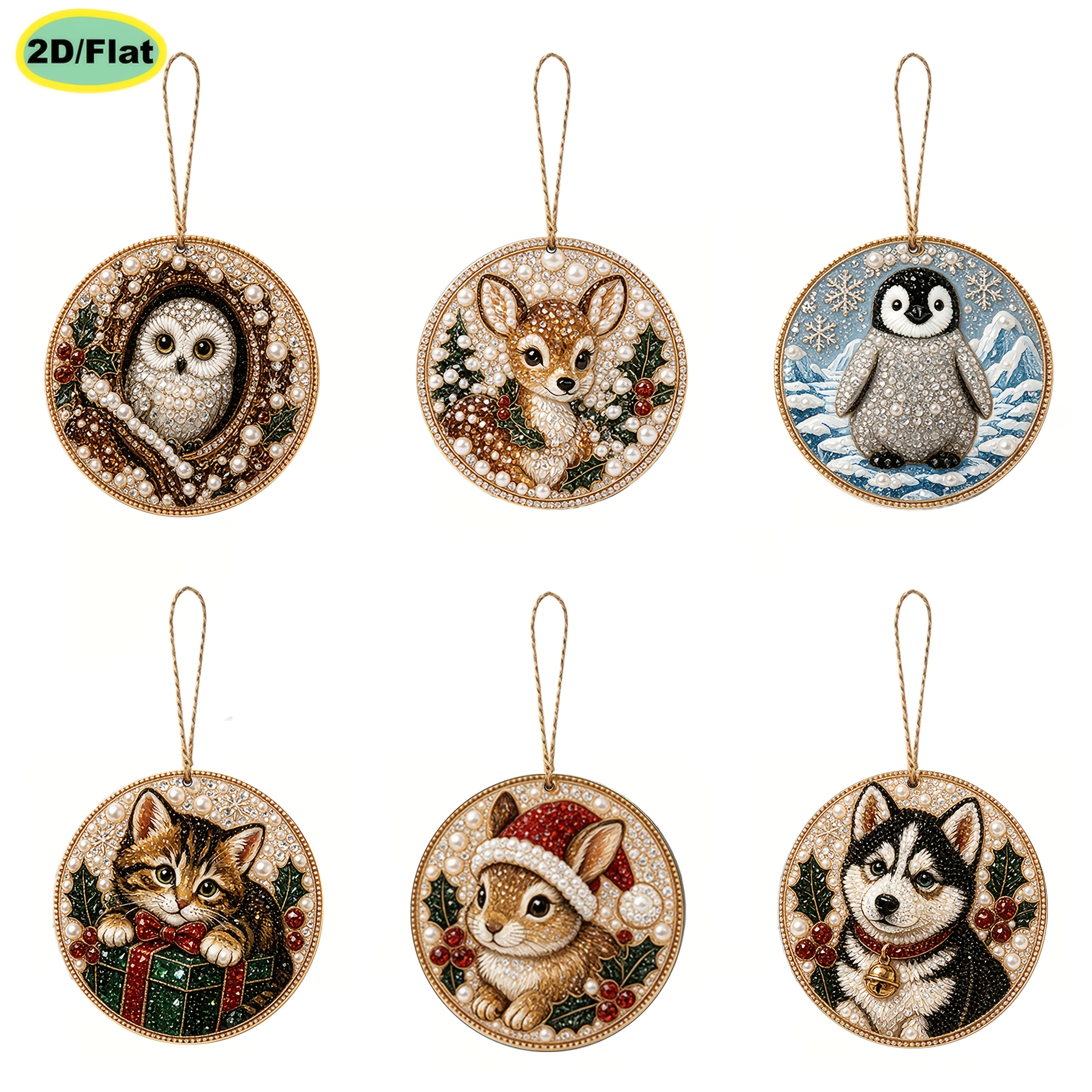 TEMU 6pcs 6pcs Set 2d Flat Round Diamond Painting Kit Suitable For Christmas Tree Ornaments, Window Displays & Holiday Decorations - Diy Pearl &