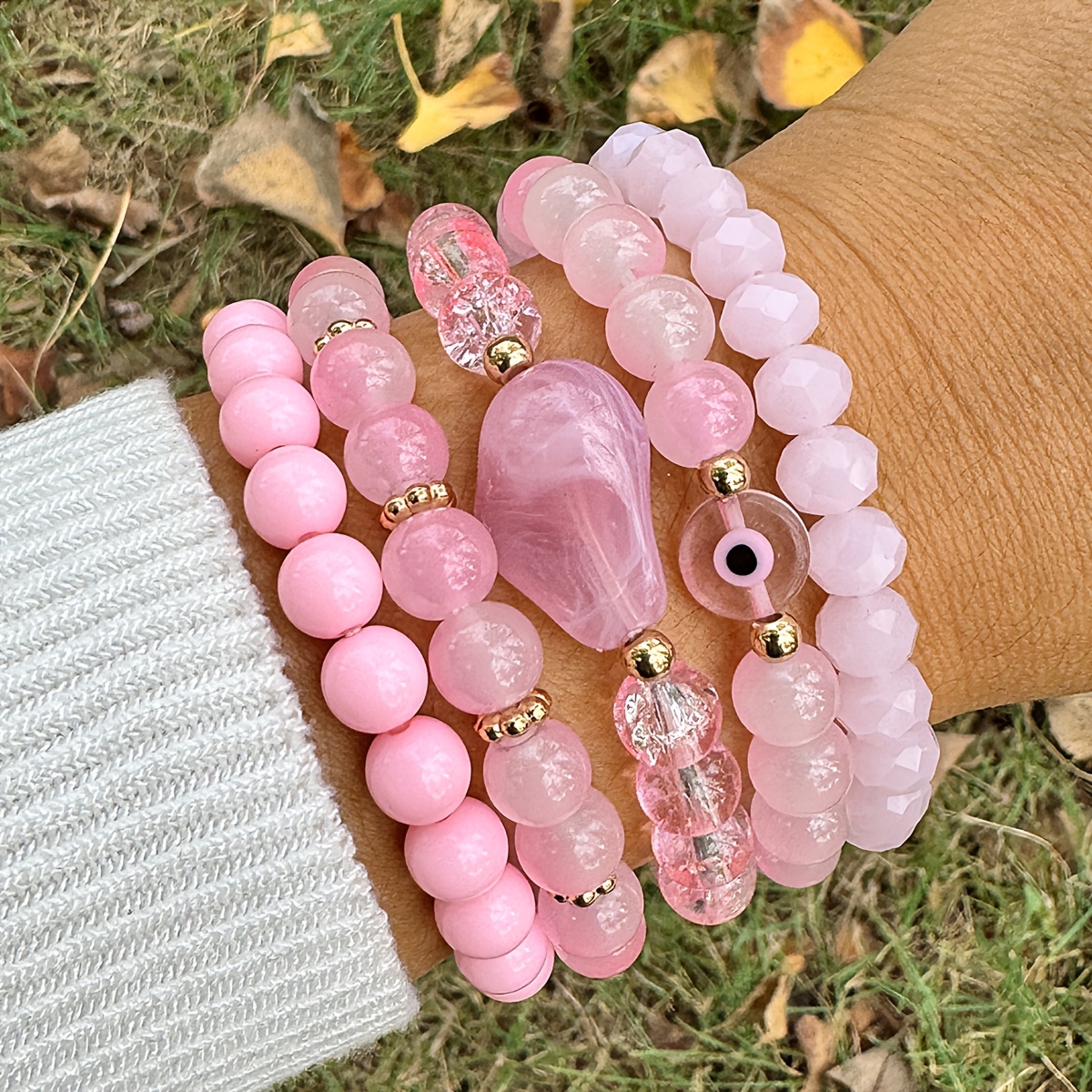 TEMU 5pcs Women's Eye Bracelet - Stackable Pink Bead Elastic With Pendant Suitable For Daily Wear, Parties,, Prom, Special Occasions - Accessory