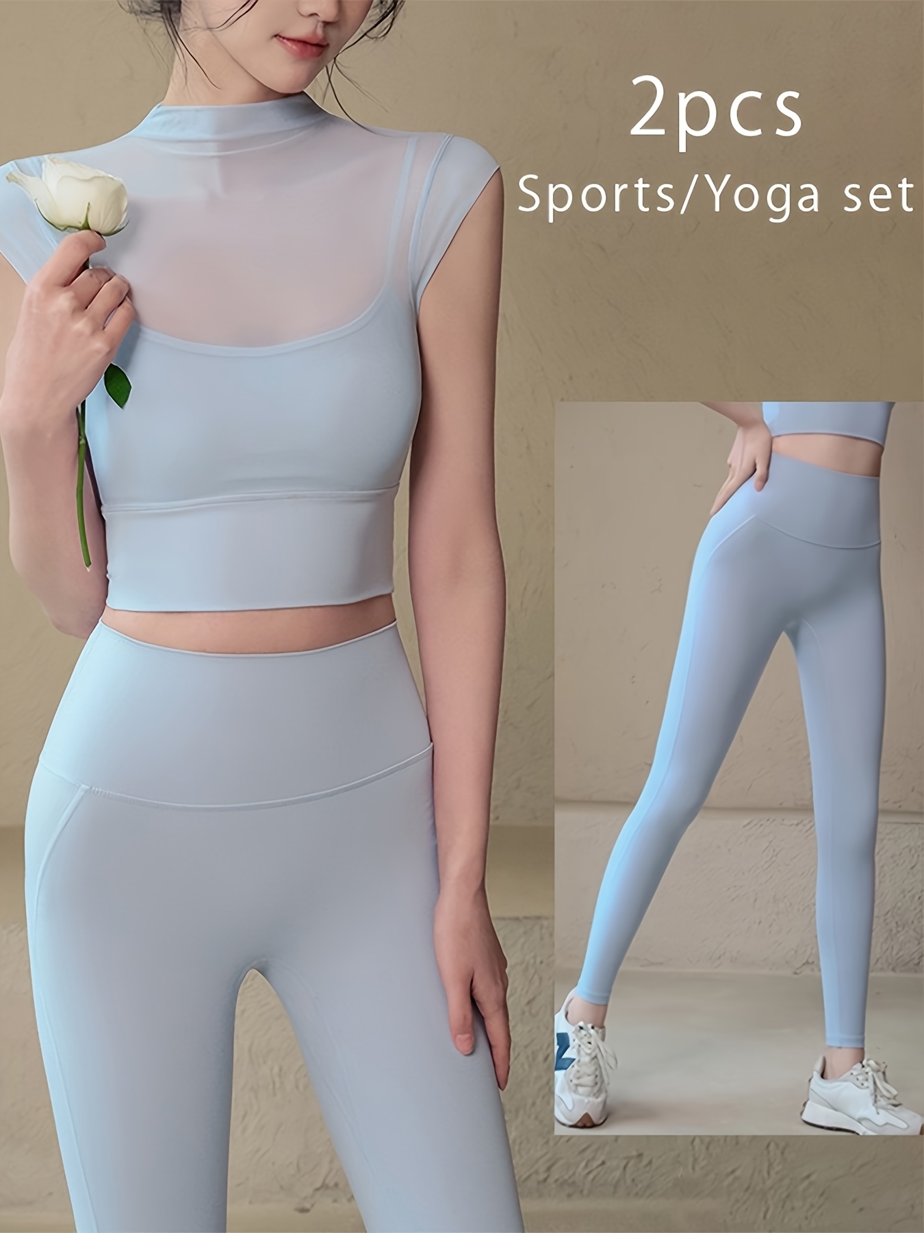 two piece set womens spring summer autumn mesh thin yoga tight top and leggings elegant outerwear fitness short sleeved pilates training outfit details 0