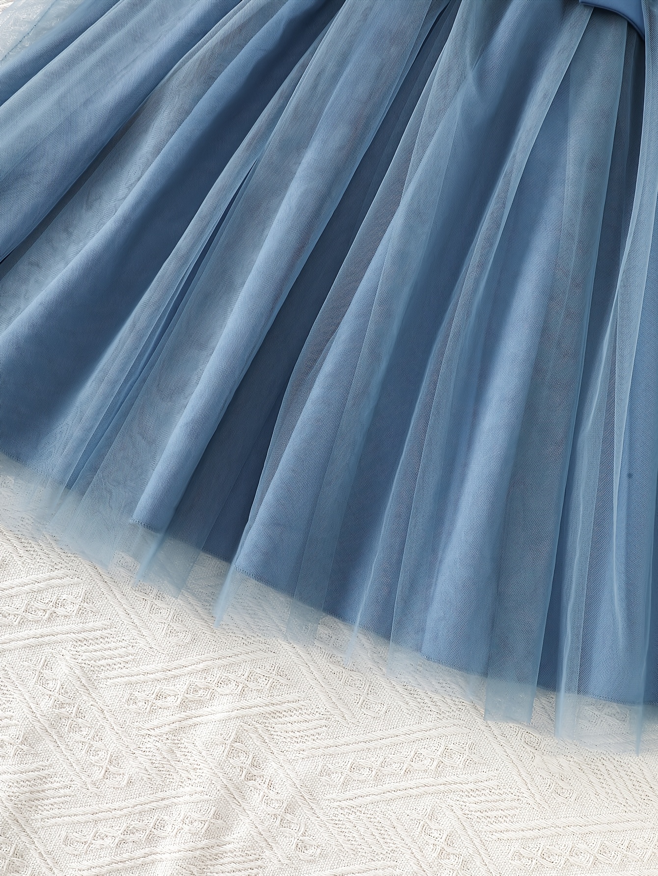 Girls' Blue White Tulle A-Line Dress with Bow Detail