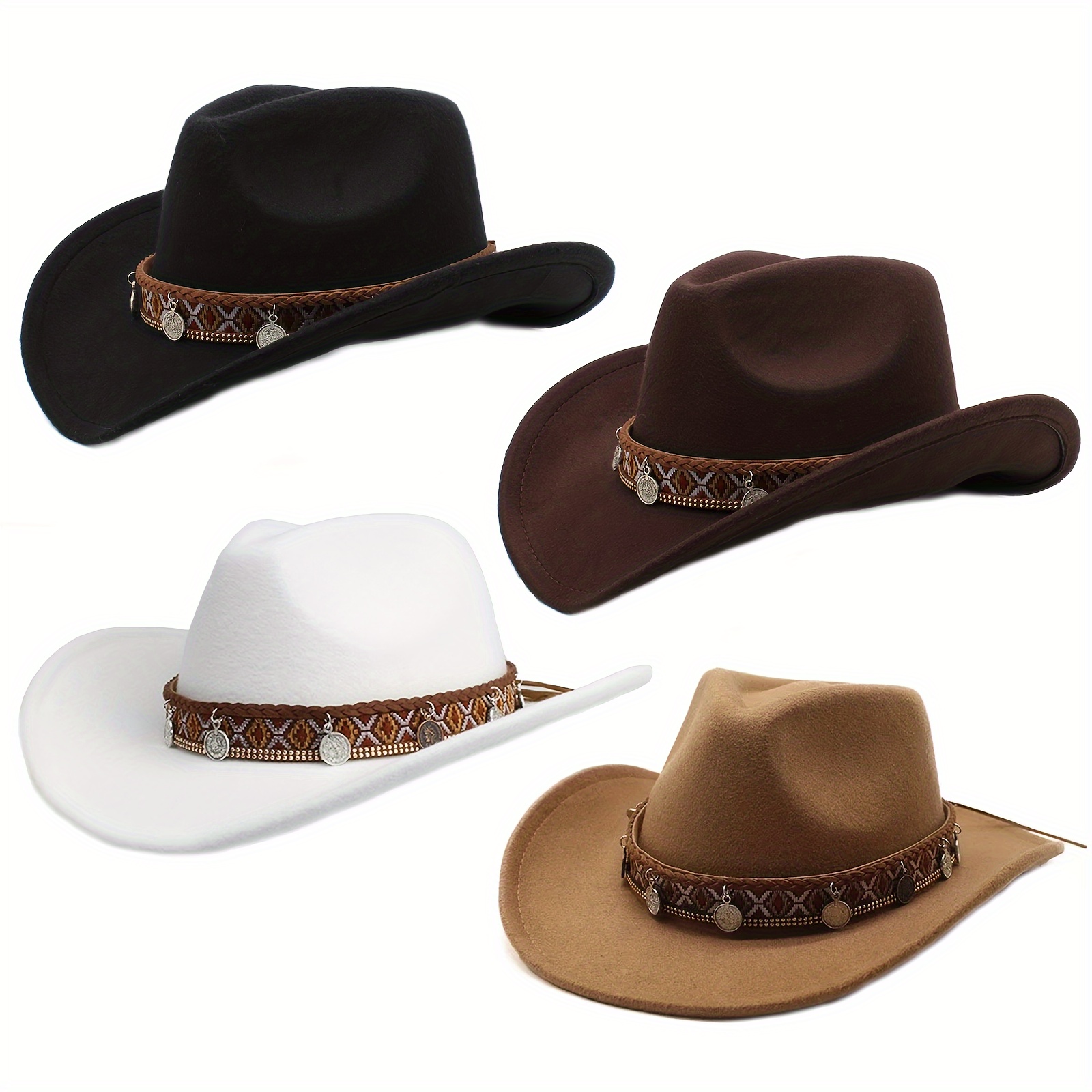 

1pc Men's And Women's Classic Wide Brimmed Cowboy Hat With Round Buckle, Decoration Belts, Perfect For Parties, Role Playing