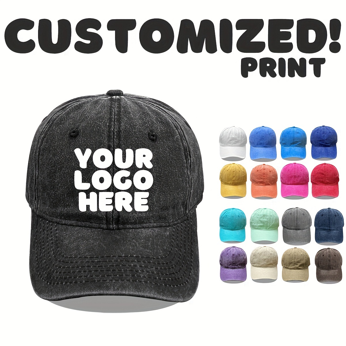 

Customized Distressed Washed Baseball Cap With Personalized Text Logo, Unisex, Adjustable Vintage Style Hat For Casual Wear