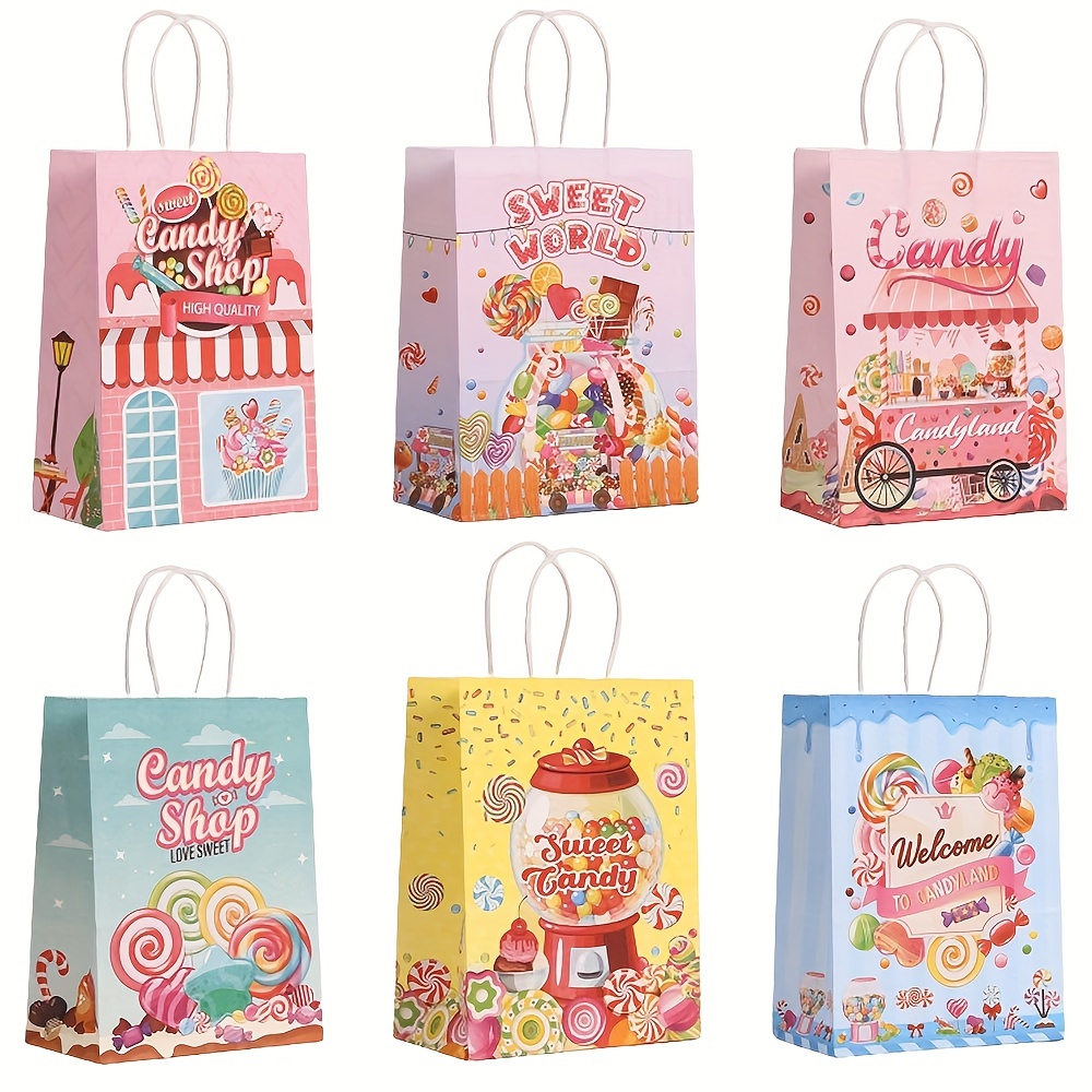 Image of Gift For Her/him 12pcs Candyland Party Bags, Paper Bags For Candyland Theme Birthday Party Decorations, Paper Treat Bags With Lollipop Patterns