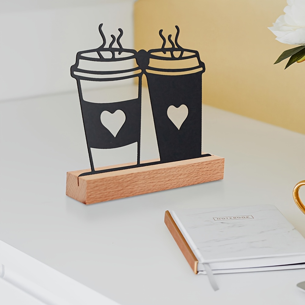TEMU A Metal Desktop Ornamental Art Sculpture With A Two-cup Heart-shaped Coffee Pattern, Featuring A Wooden Base. Suitable For Cafes, , And Bar