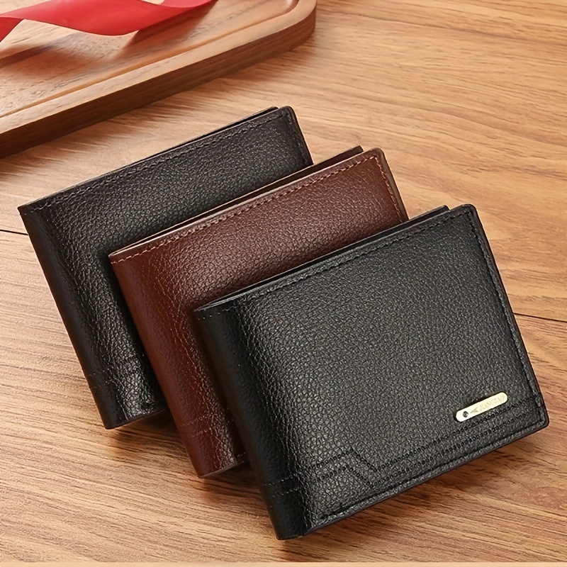 

Men's Leather Wallet - Solid Color Leather With Detail, Non-braided Weave, Compact Short Bifold Design For Easy Carry