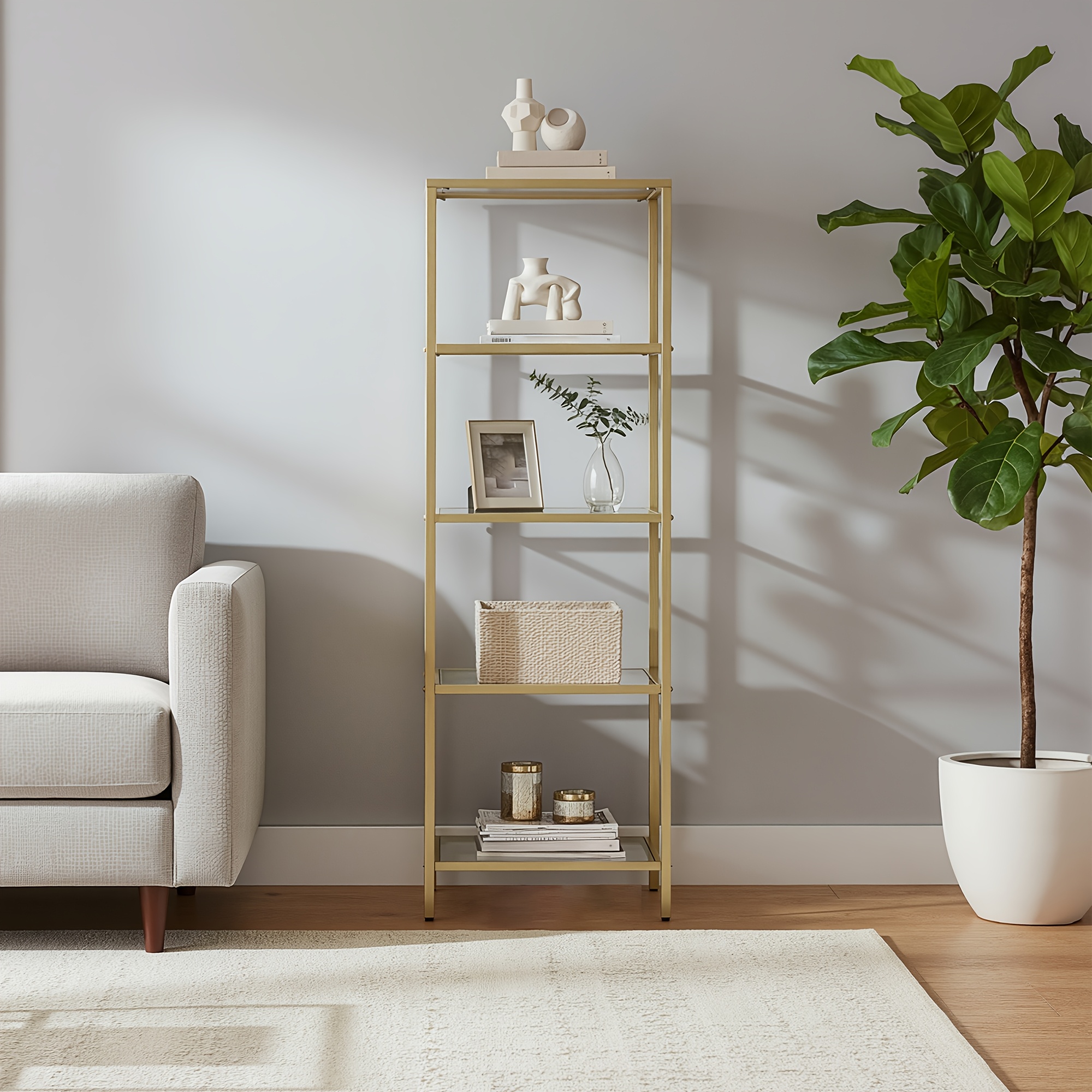 Image of Five-level Glass Shelving Unit, Bookcase, Storage Rack, Made Of Tempered Glass, Easy To Assemble, Suitable For Bathroom And Living Room, In Golden Color